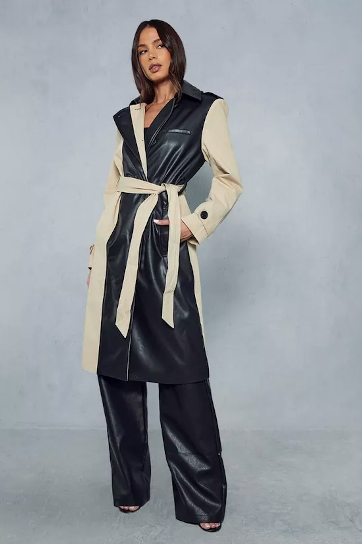 MissPap Contrast Woven Leather Look Panelled Trench Coat