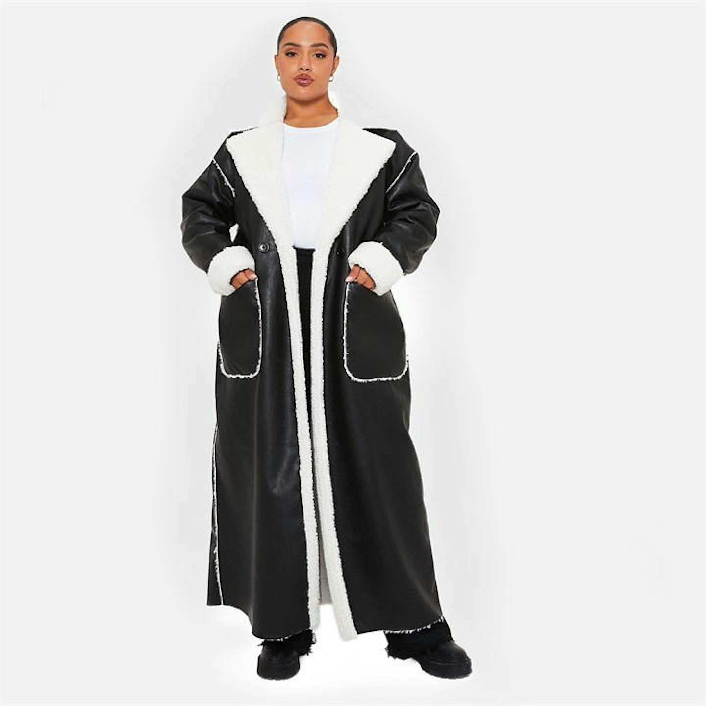 I Saw It First Premium Faux Leather Borg Longline Belted Coat