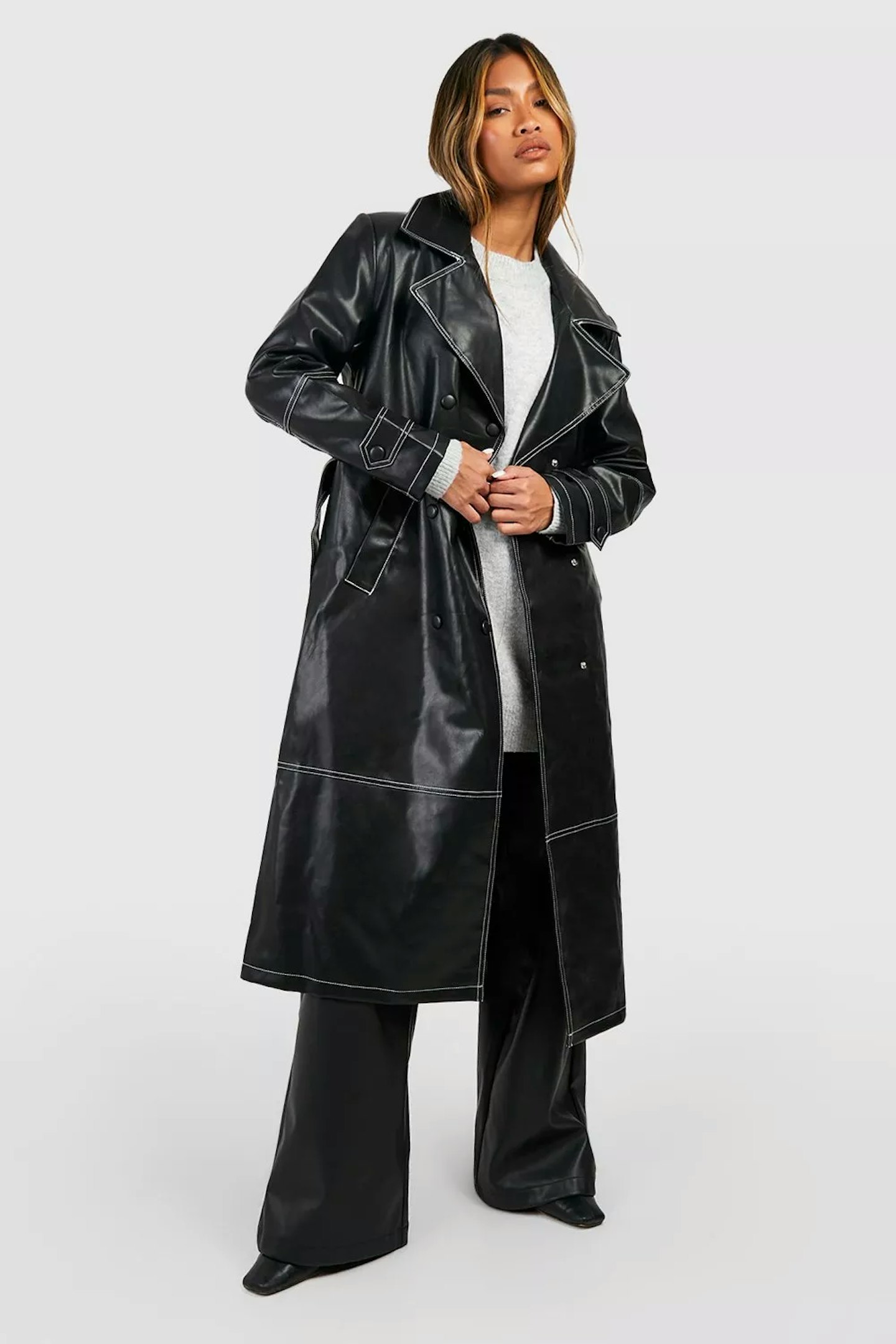 Boohoo Contrast Stitch Detail Faux Leather Trench Coat
