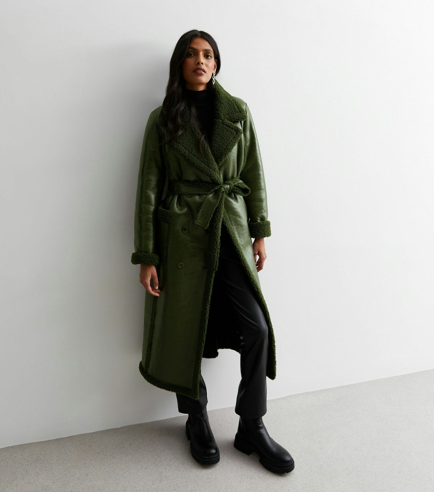 New Look Khaki Leather-Look Teddy Trim Longline Trench Coat