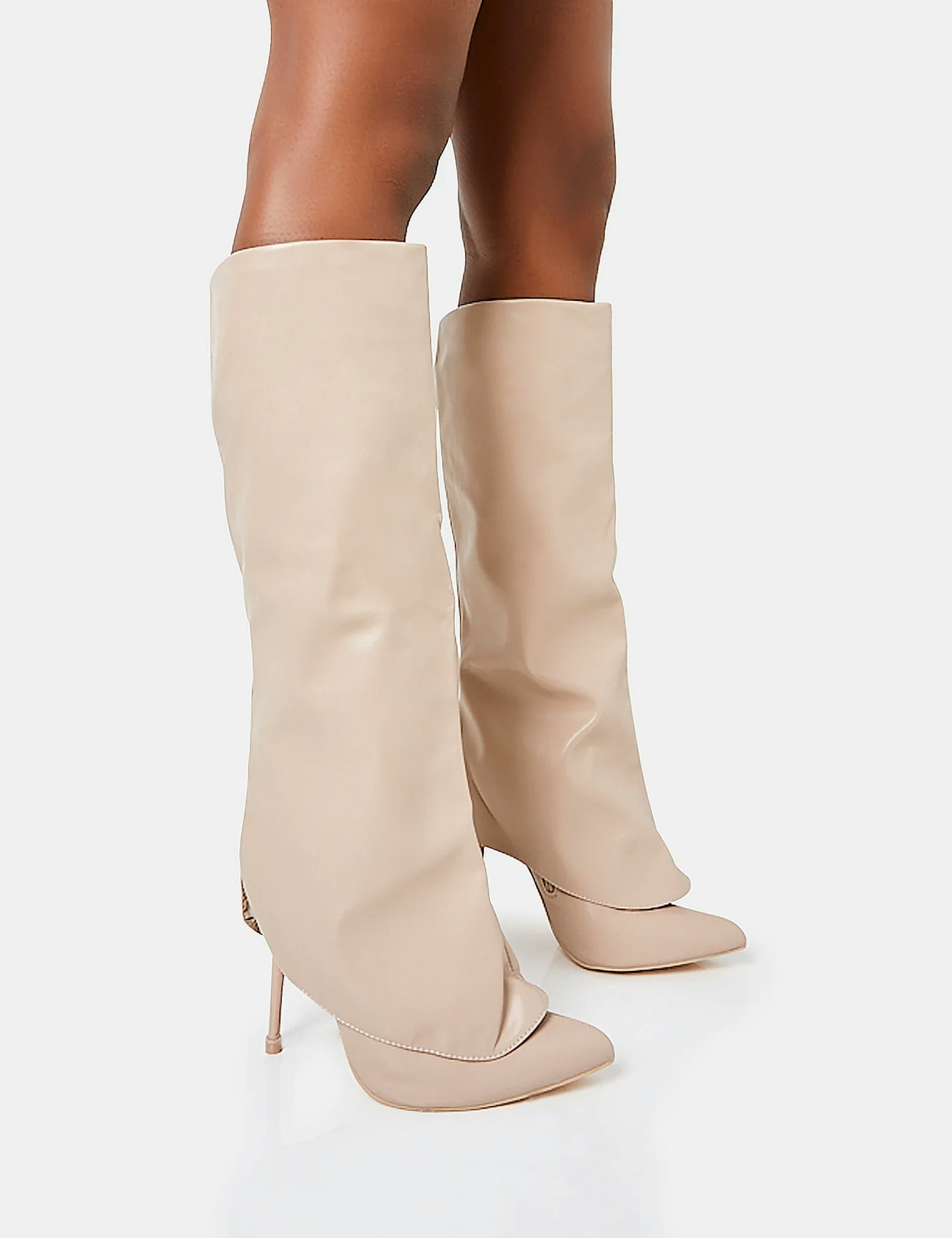 Public Desire All Yours Nude Pu Fold Over Pointed Toe Stiletto Knee High Boots
