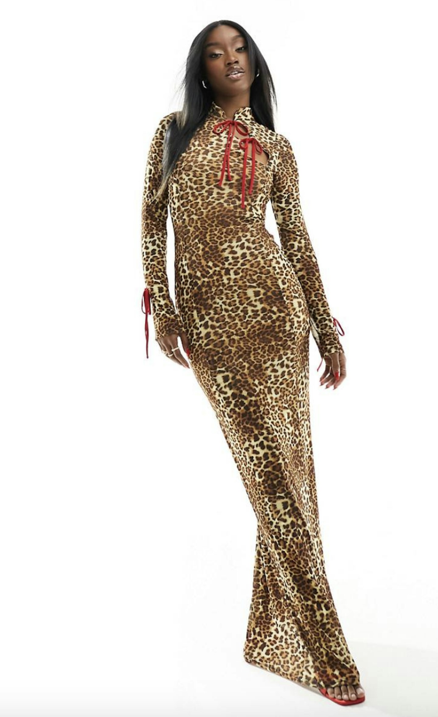 ASOS DESIGN mesh bow detail long sleeve maxi dress in leopard