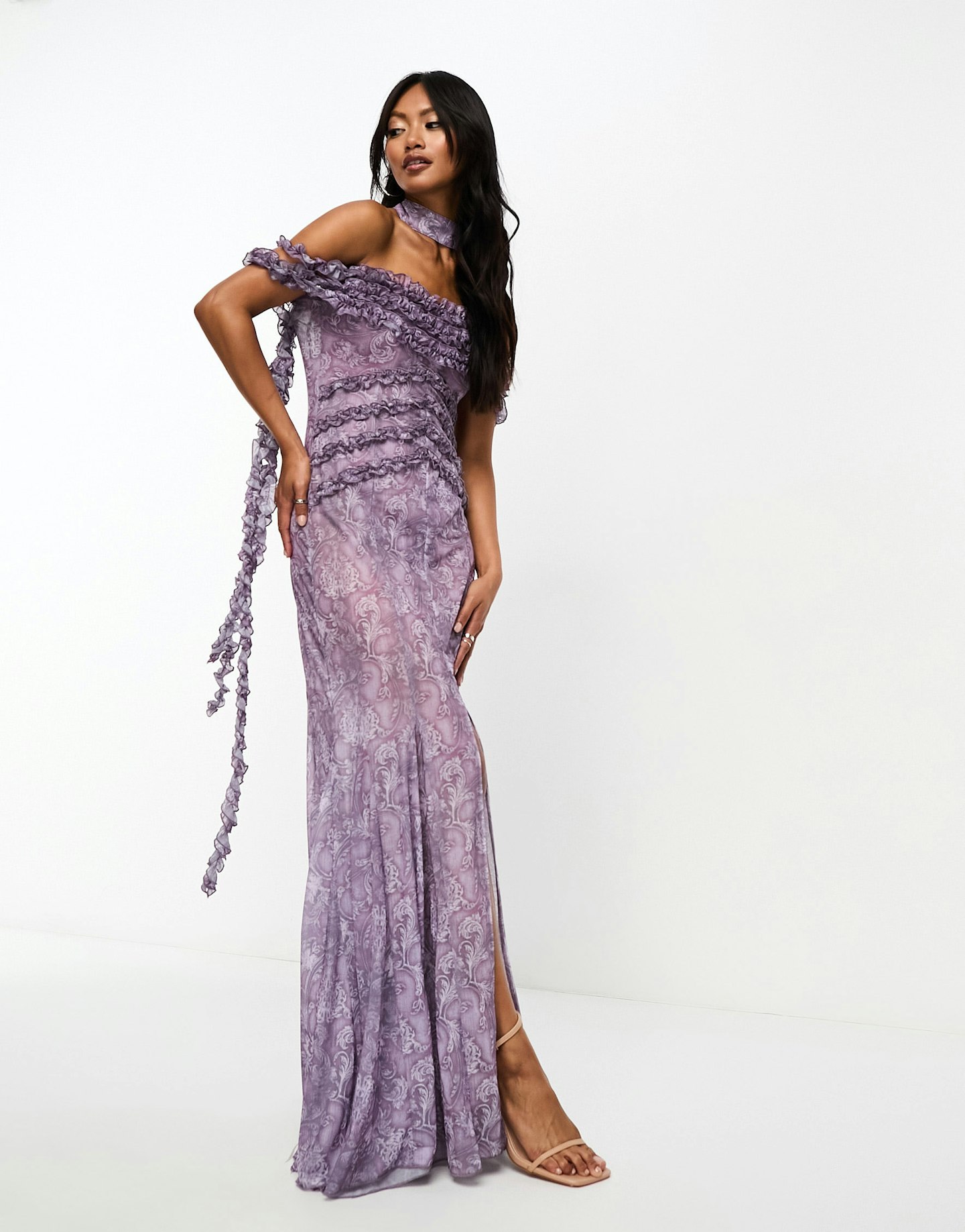 Saltburn outfits Annorlunda frill detail maxi dress with godets and asymmetric hem