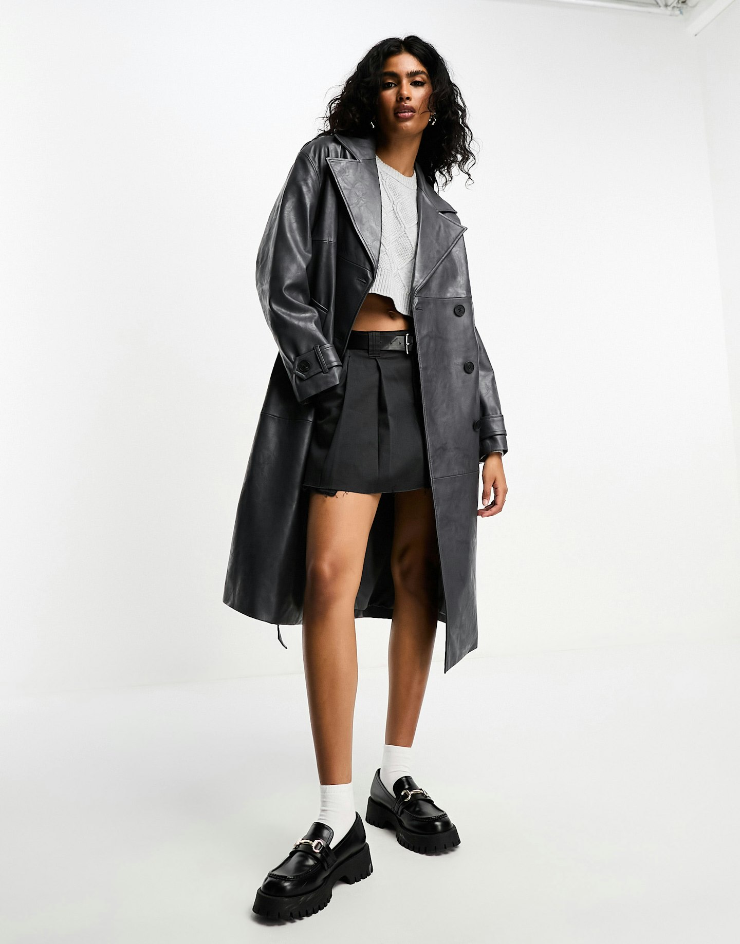 Bershka Worn Faux Leather Trench Coat