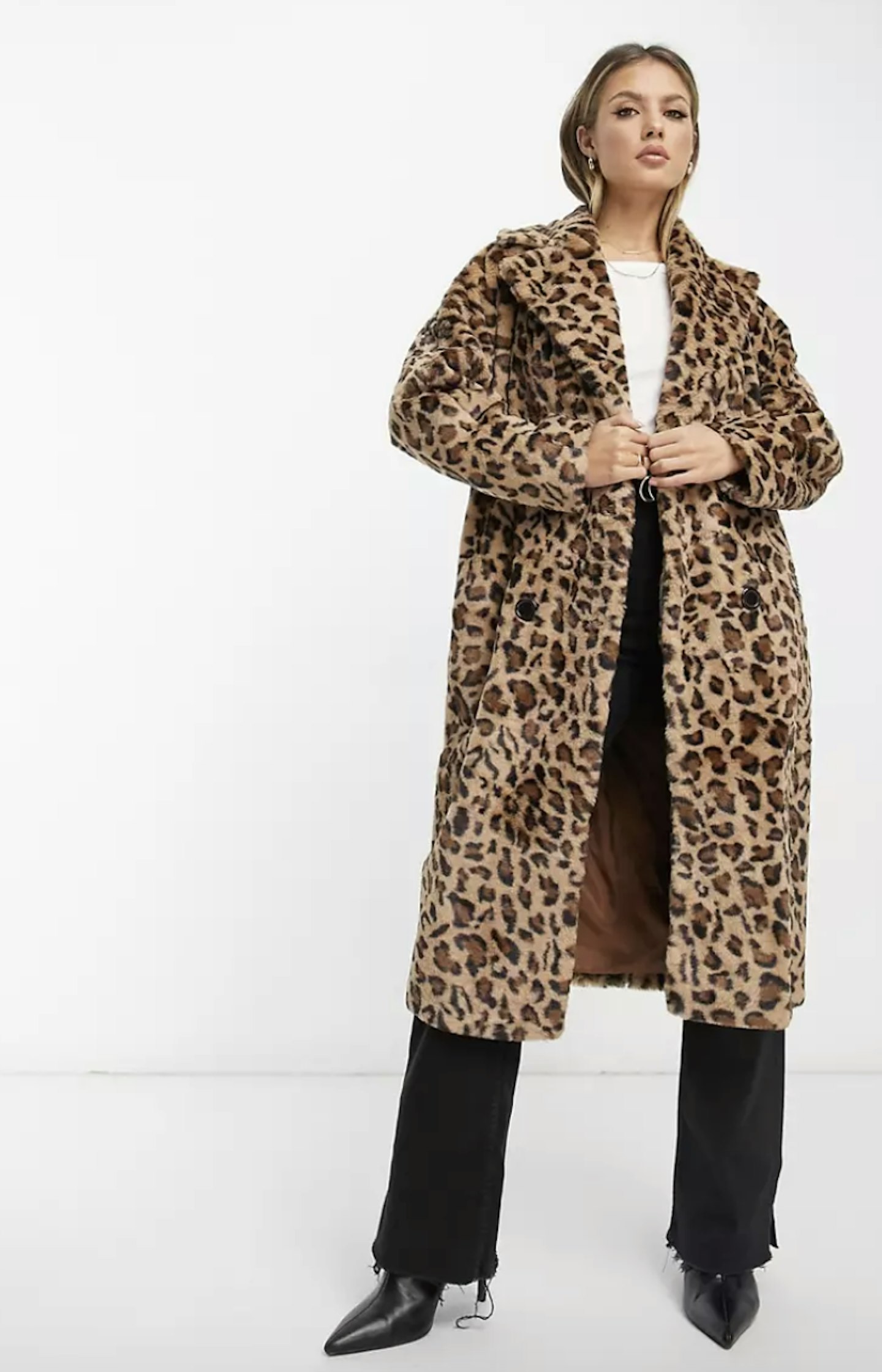 Helene Berman Double Breasted Faux Fur Coat In Brown Leopard