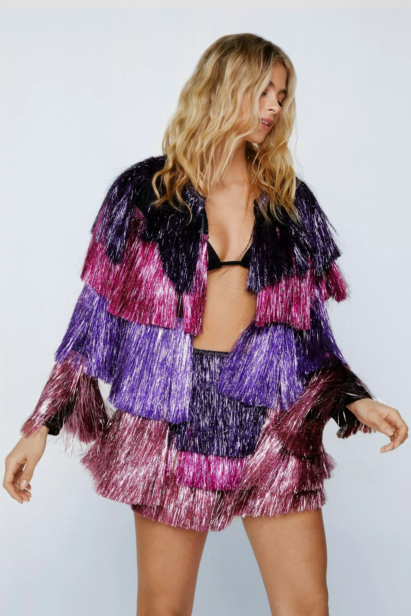 Saltburn outfits Venetia Nasty Gal Metallic Tiered Tinsel Fringe Open Front Jacket