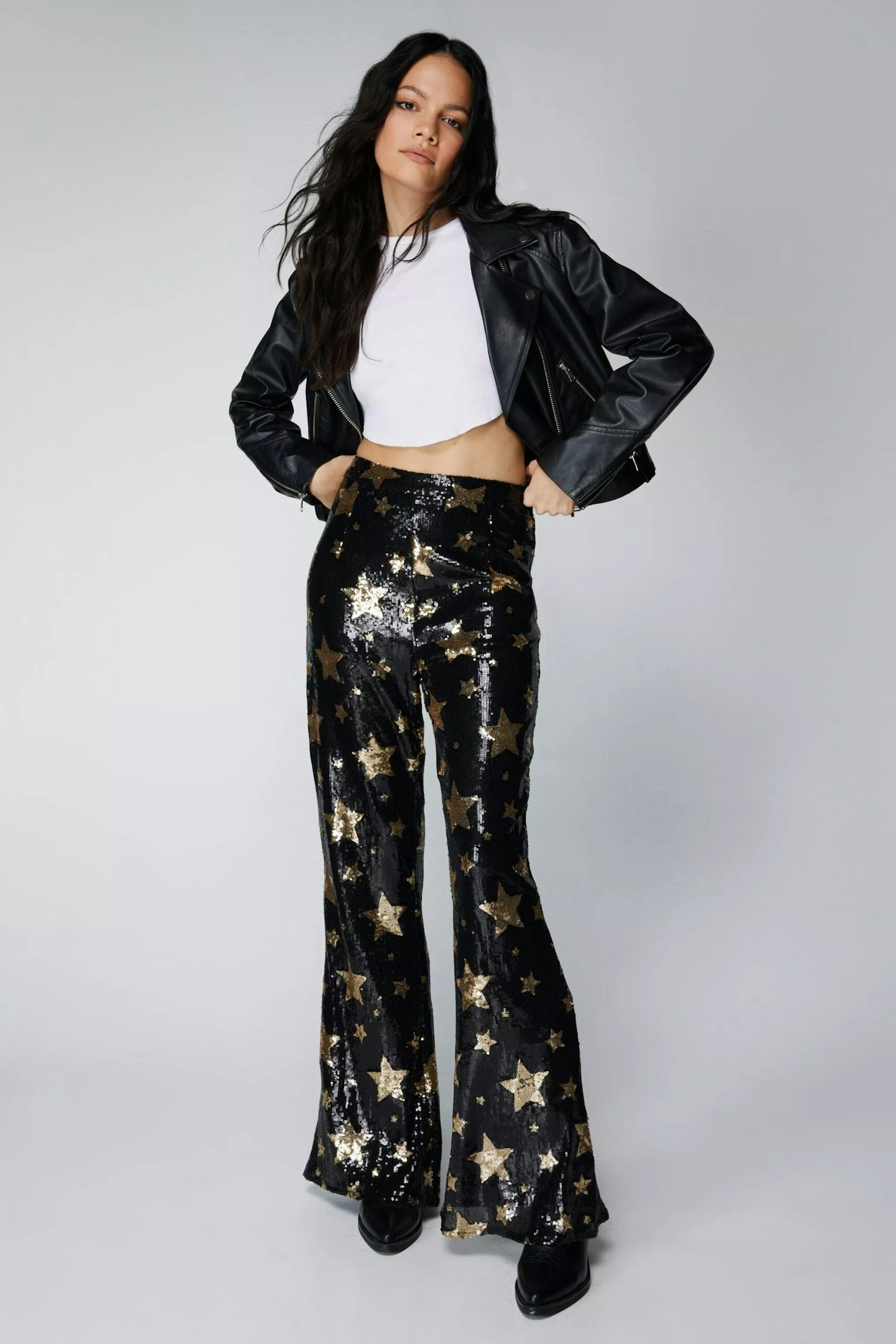 Saltburn outfits Venetia Nasty Gal Star Sequin Flare Trousers