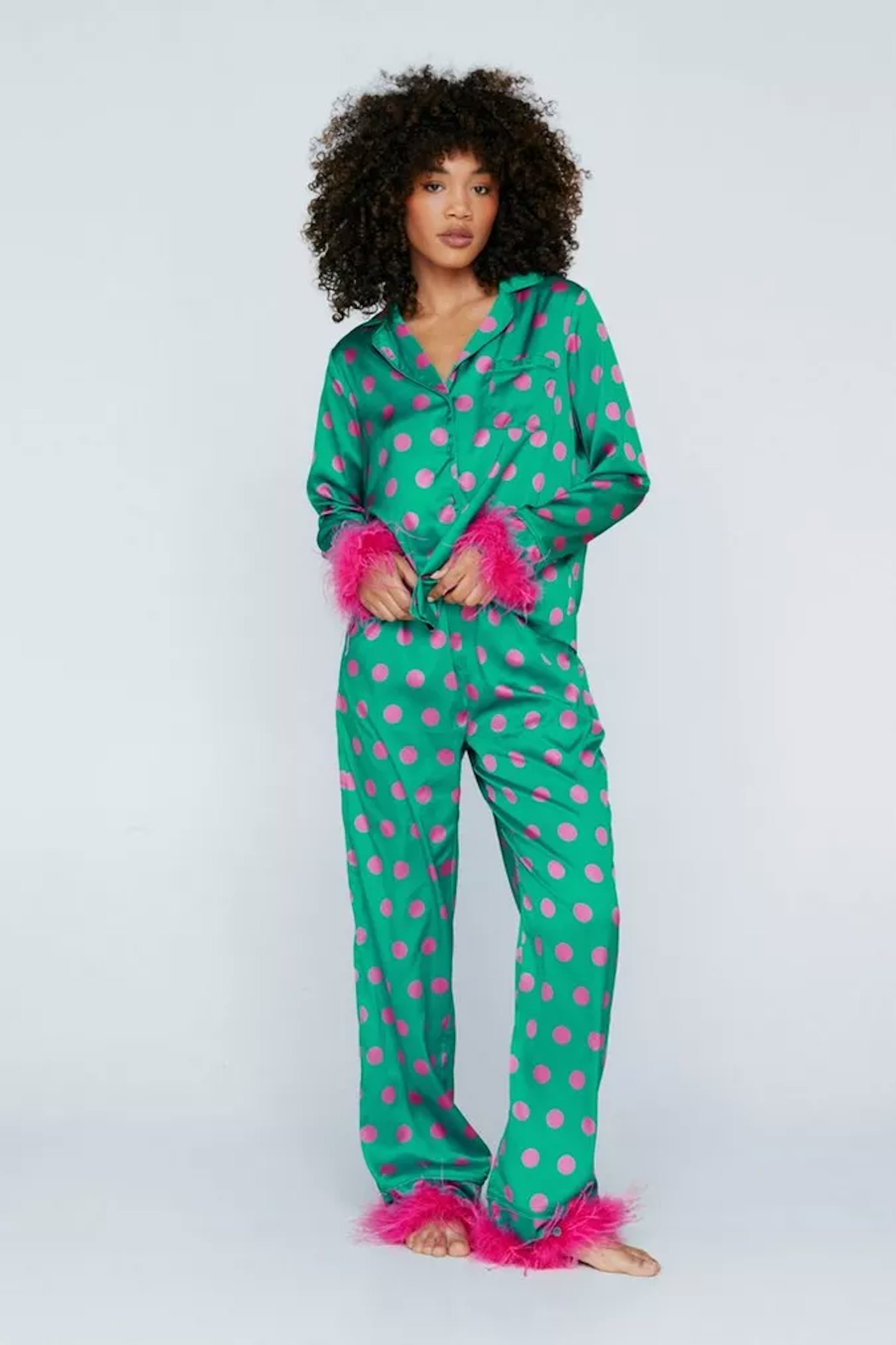 Boohoo Polka Dot Feather Trim Pyjama Set
