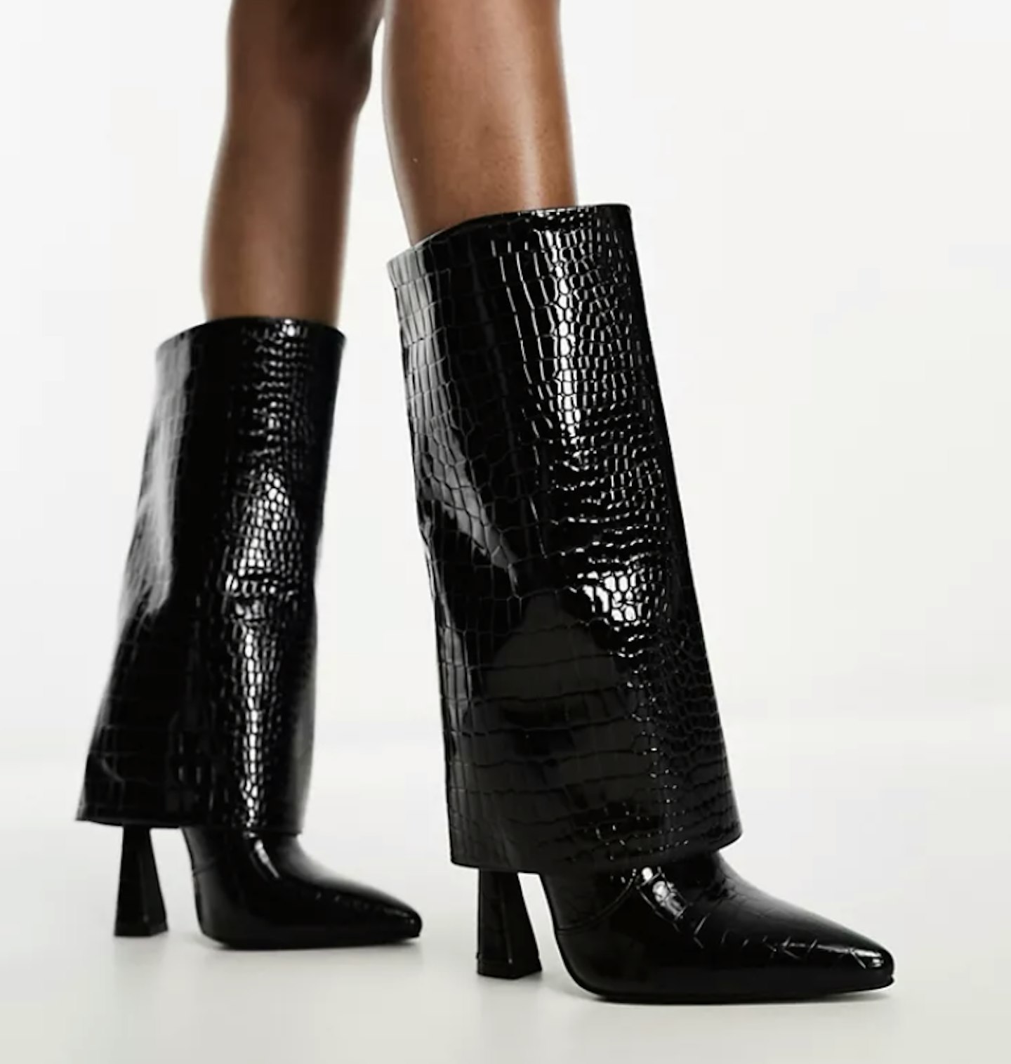 Simmi London Rayan fold over heeled knee boots in black patent croc