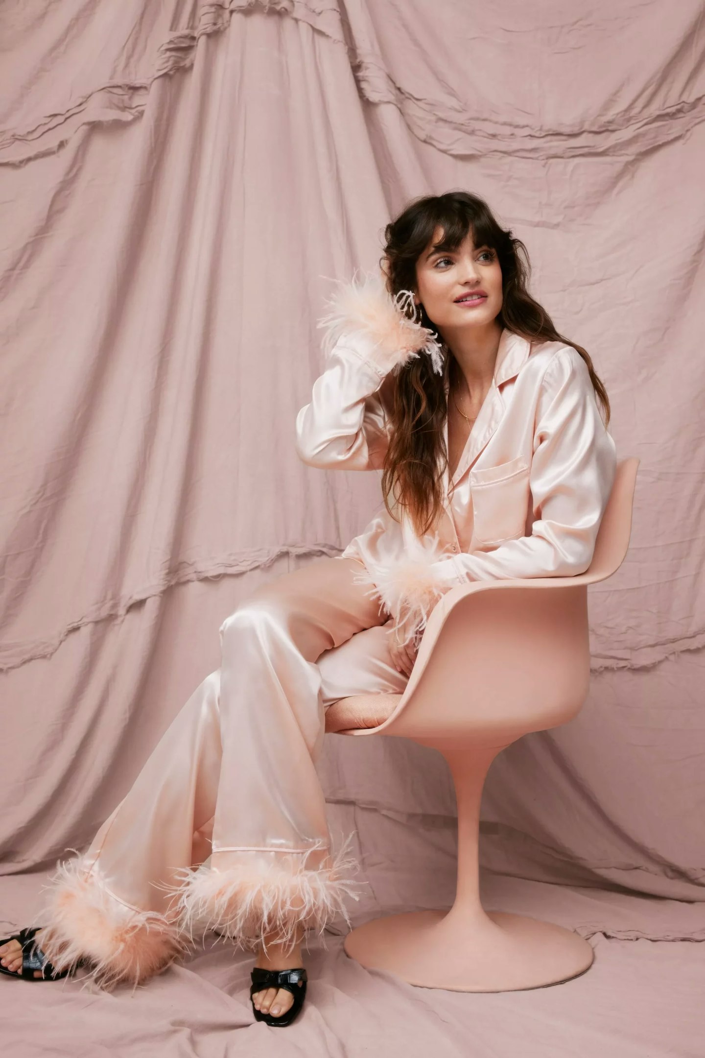 Nasty Gal Satin Feather Pyjama Shirt And Trousers Set