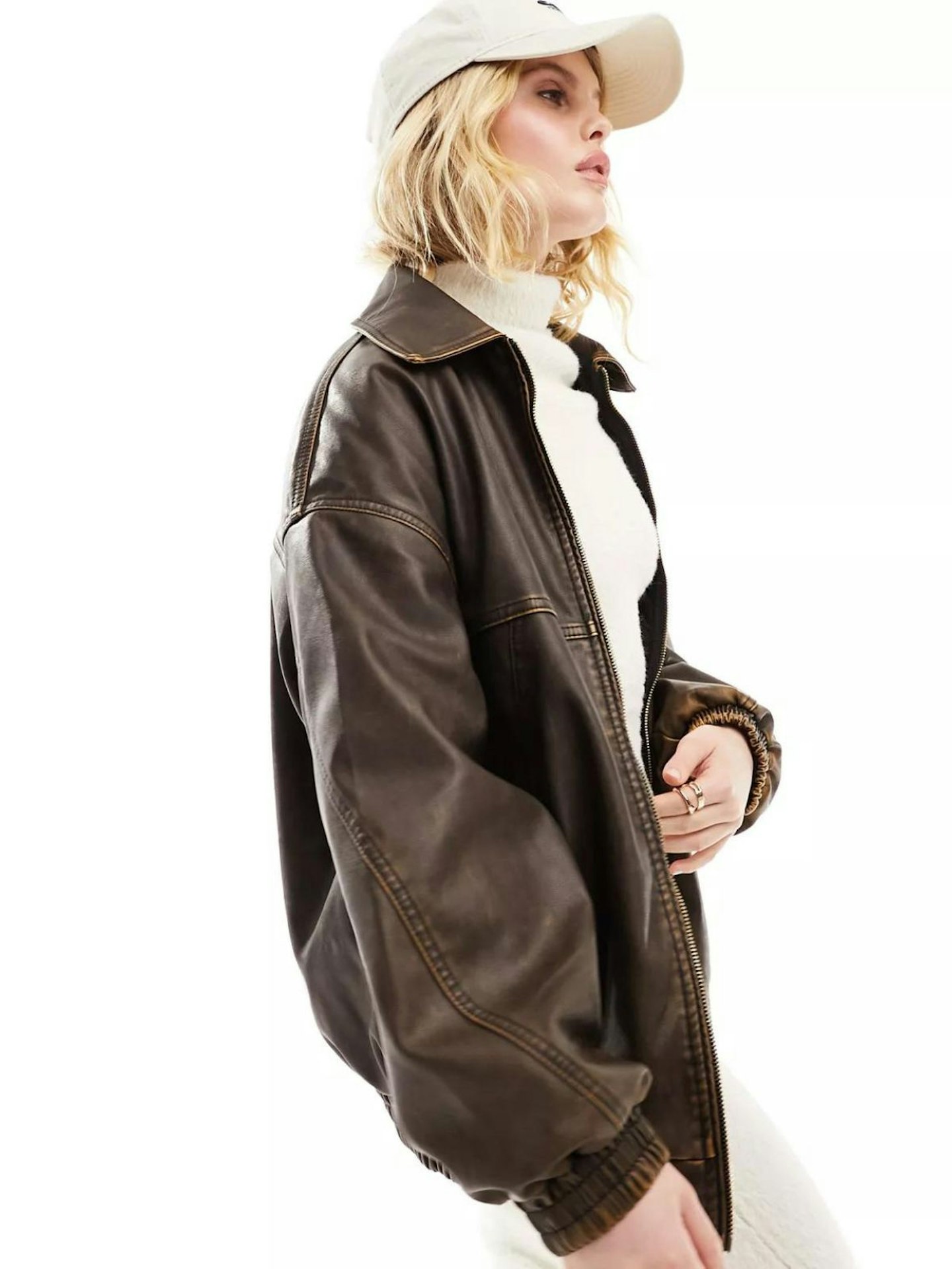 Bershka Super Oversized Faux Leather Dad Jacket In Washed Brown