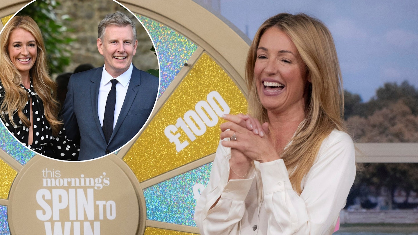 Cat Deeley presenting This Morning, alongside a photo of Cat and husband Patrick Kielty