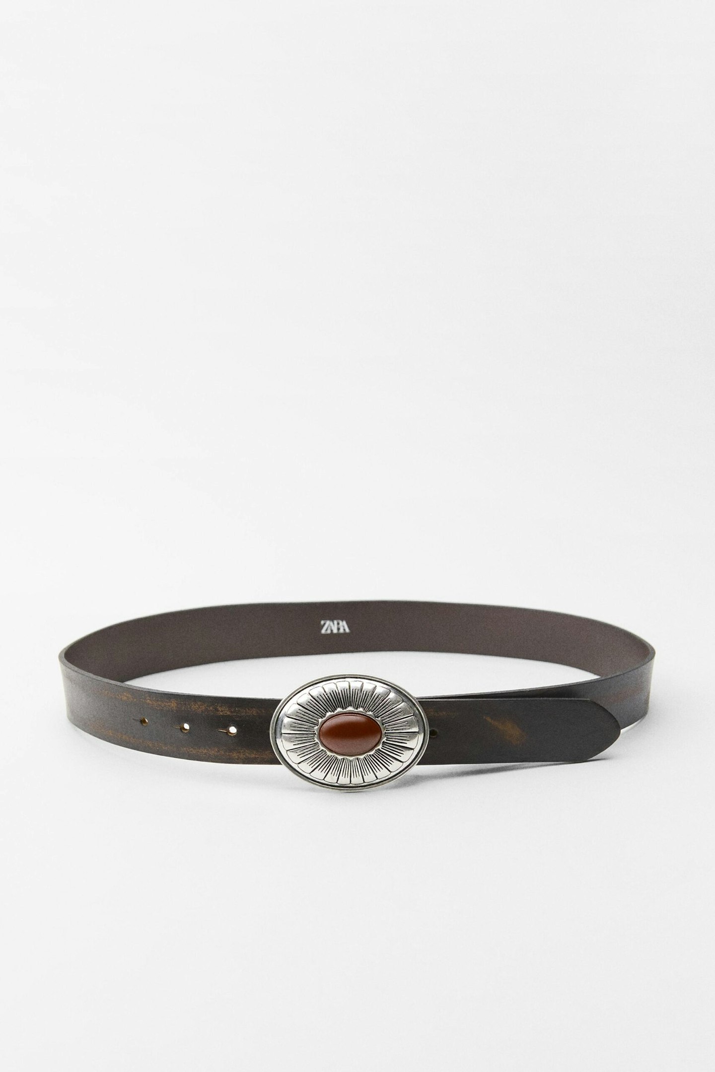 Zara Leather Belt With Embossed Metal Buckle