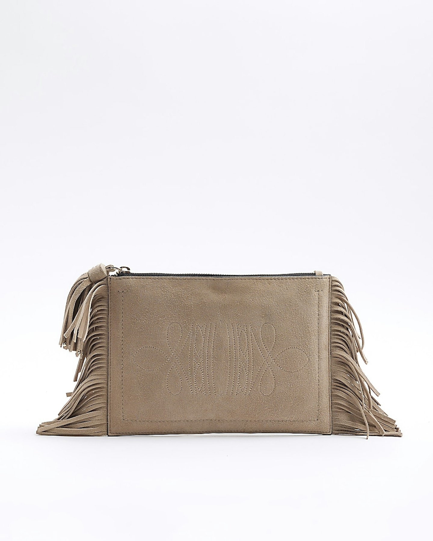 River Island Beige Suede Fringe Pouchette Clutch Bag