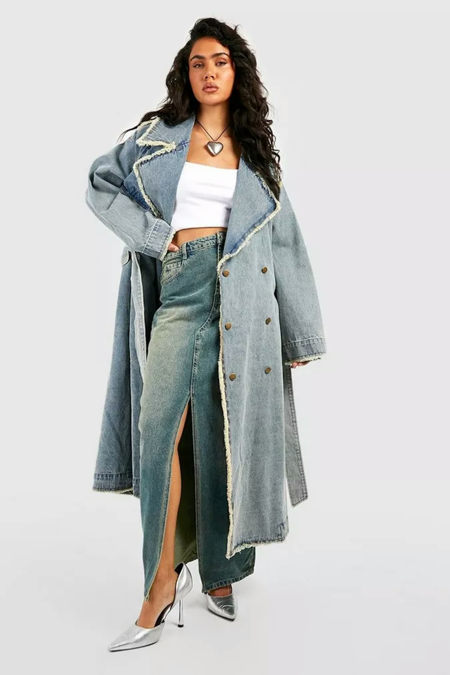 Boohoo Premium Fray Hem Denim Trench Coat