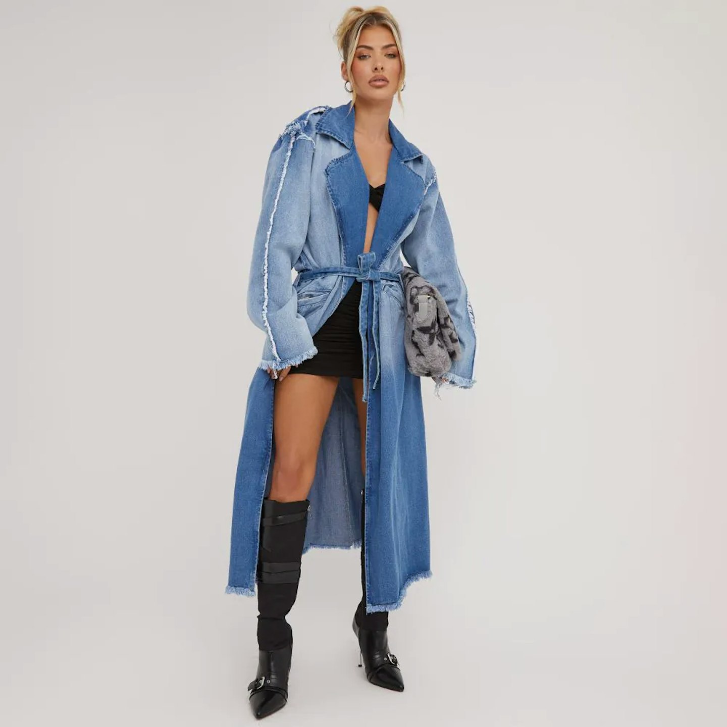 Ego Tie Waist Distressed Detail Longline Trench Coat