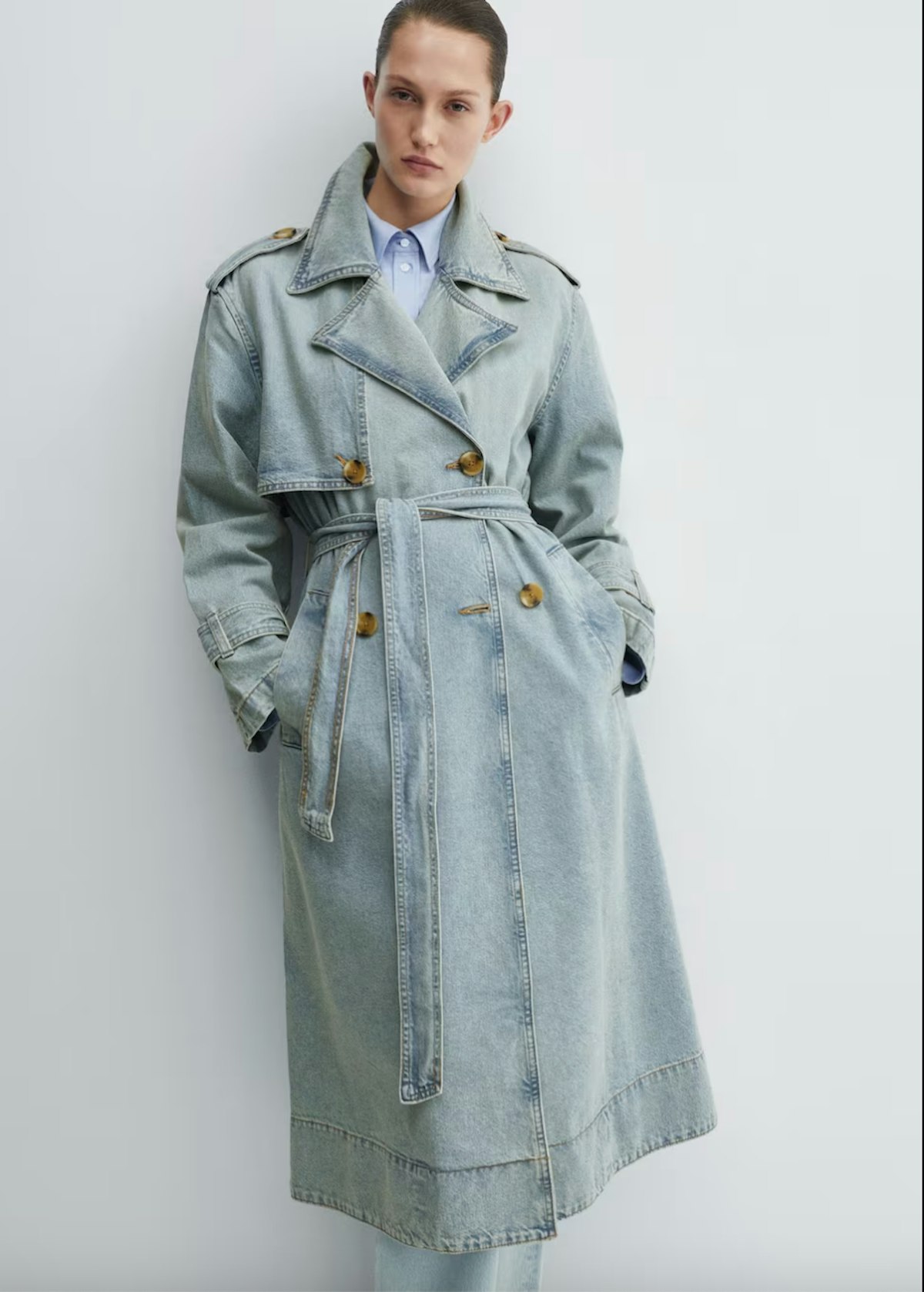 distressed denim trench coat