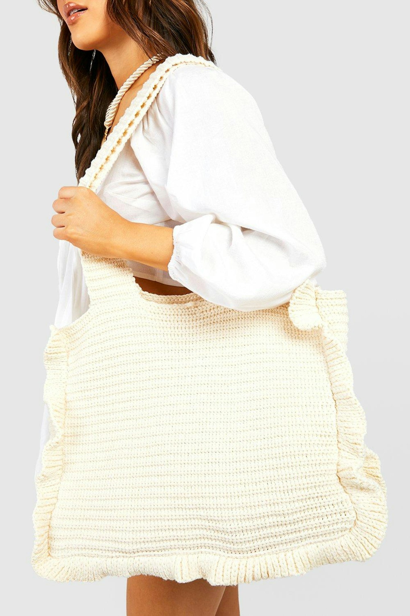 Boohoo Crochet Frill Beach Bag