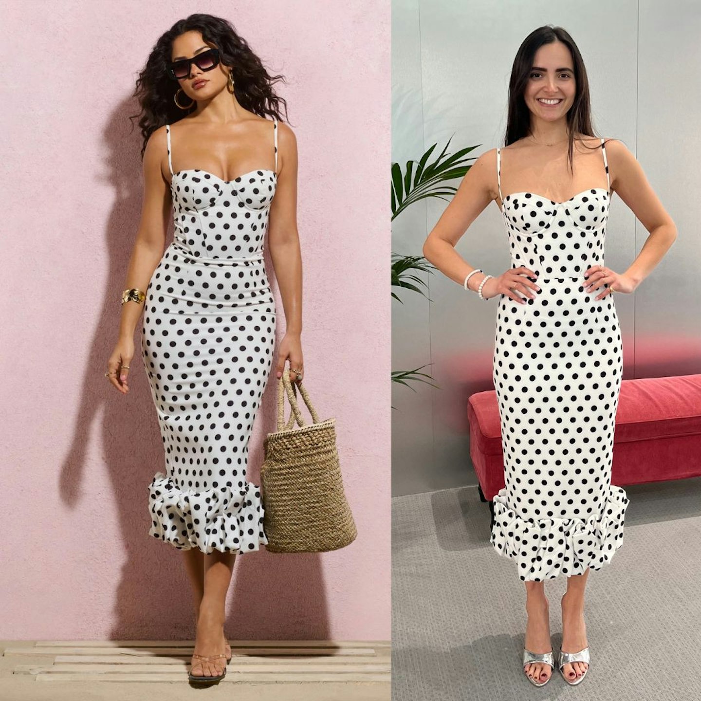 Royale white polka dot bodycon ruffled midi dress