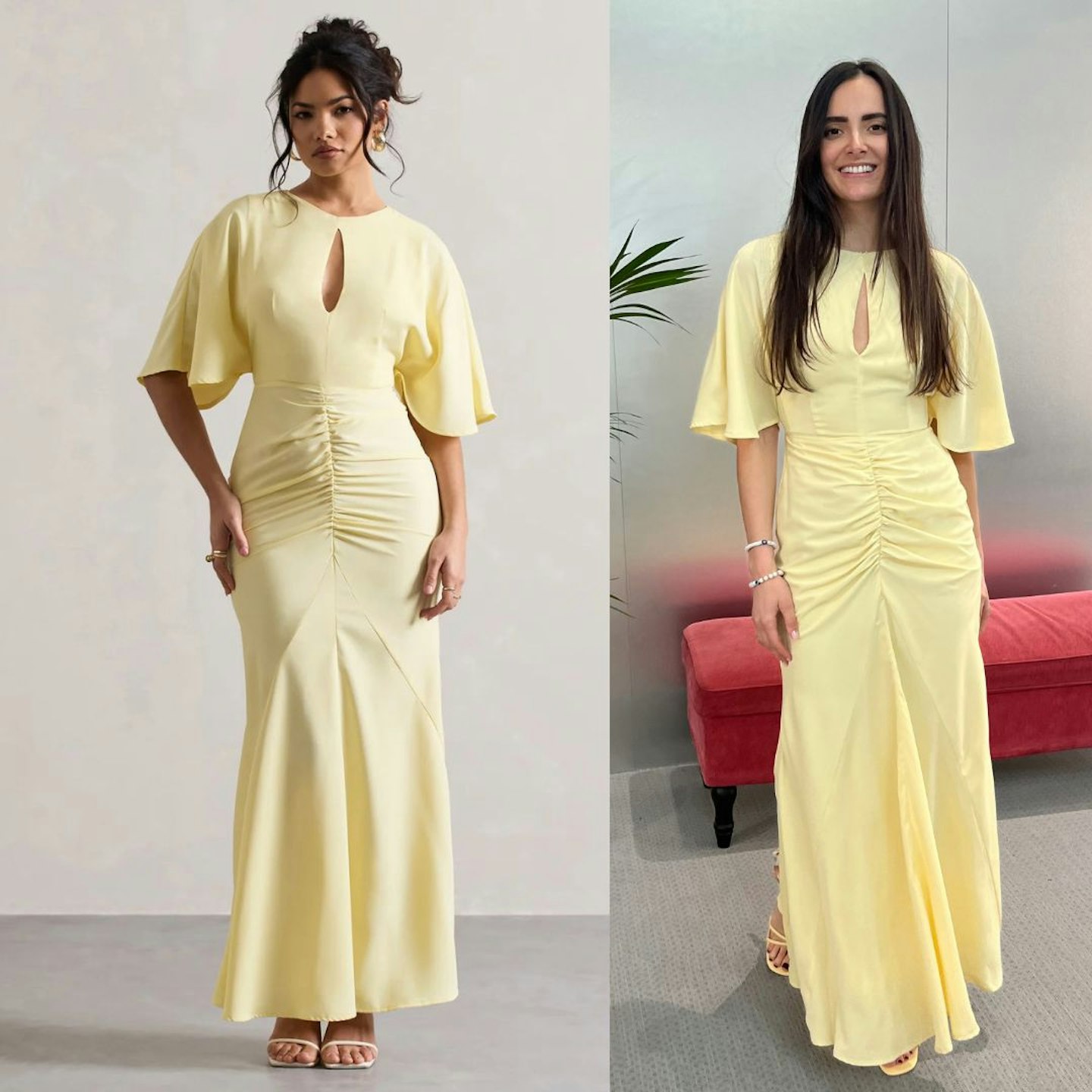 Elidy pastel yellow ruched flutter-sleeve cut-out maxi dress