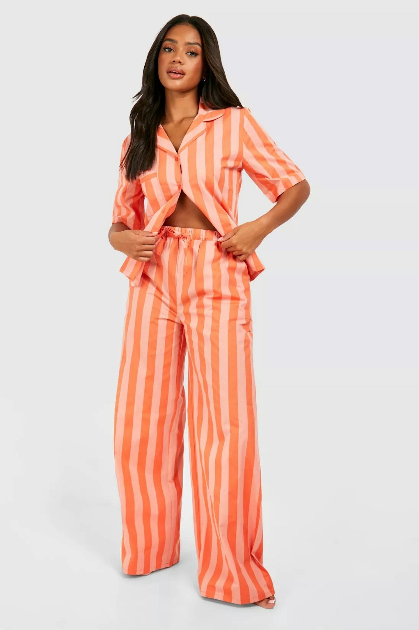 Boohoo Orange and Coral Poplin Tonal Stripe Trousers