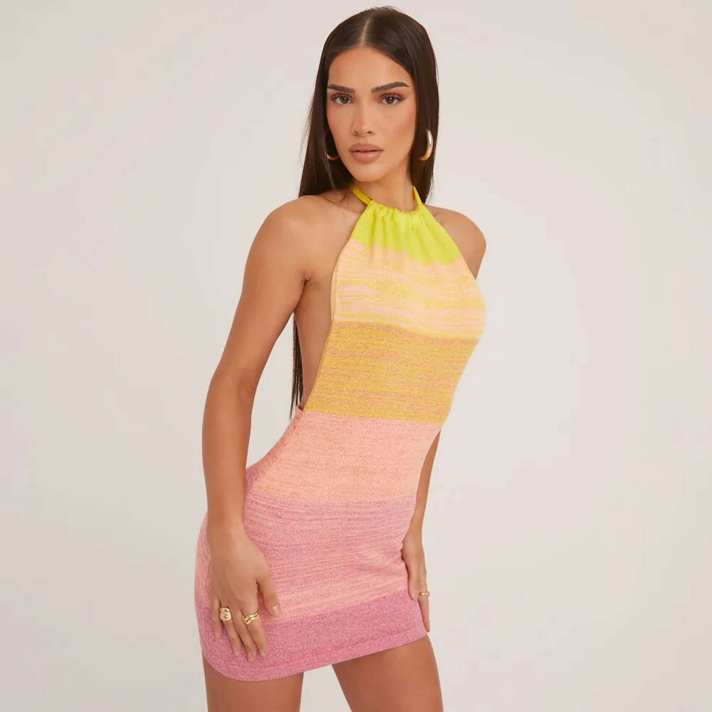 EGO Halterneck Mini Bodycon Dress in Multi Pink Stripe Knit