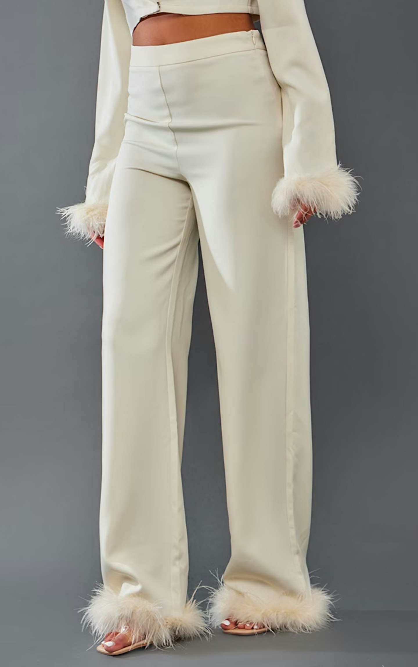 PrettyLittleThing Tall Cream Faux Feather Trim Trousers
