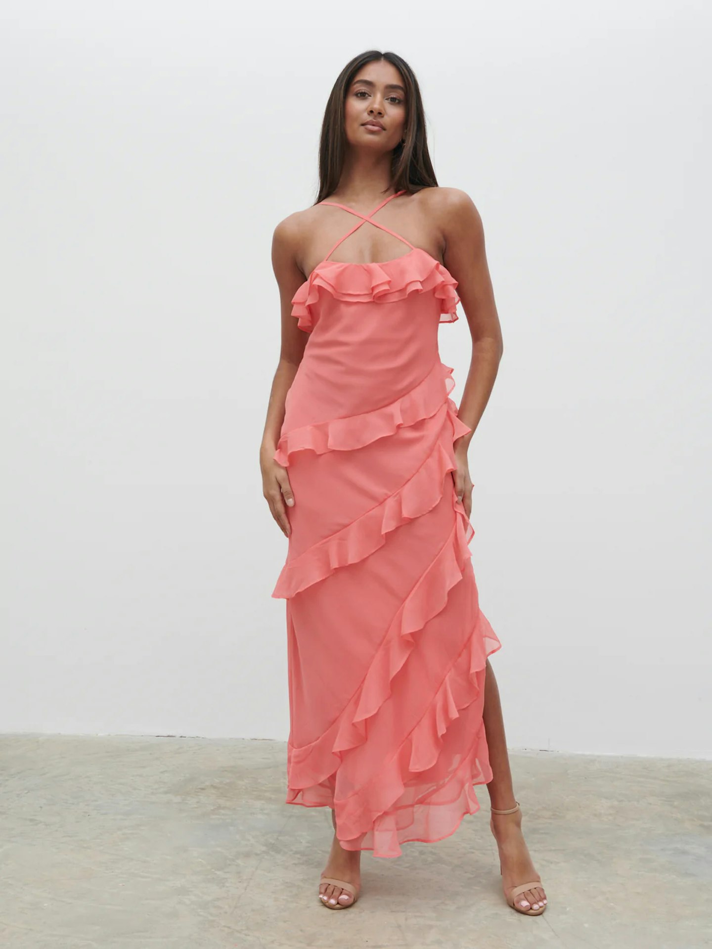 Pretty Lavish Cross Over Ruffle Midaxi Dress In Deep Coral