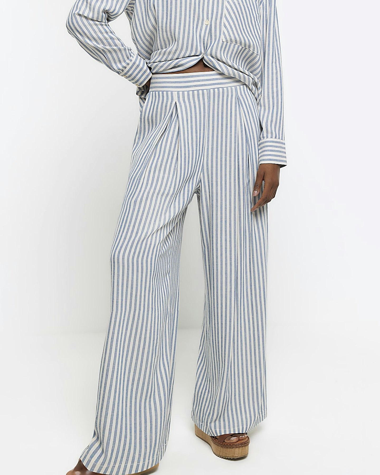 River Island Linen Blend Stripe Wide Leg Trousers