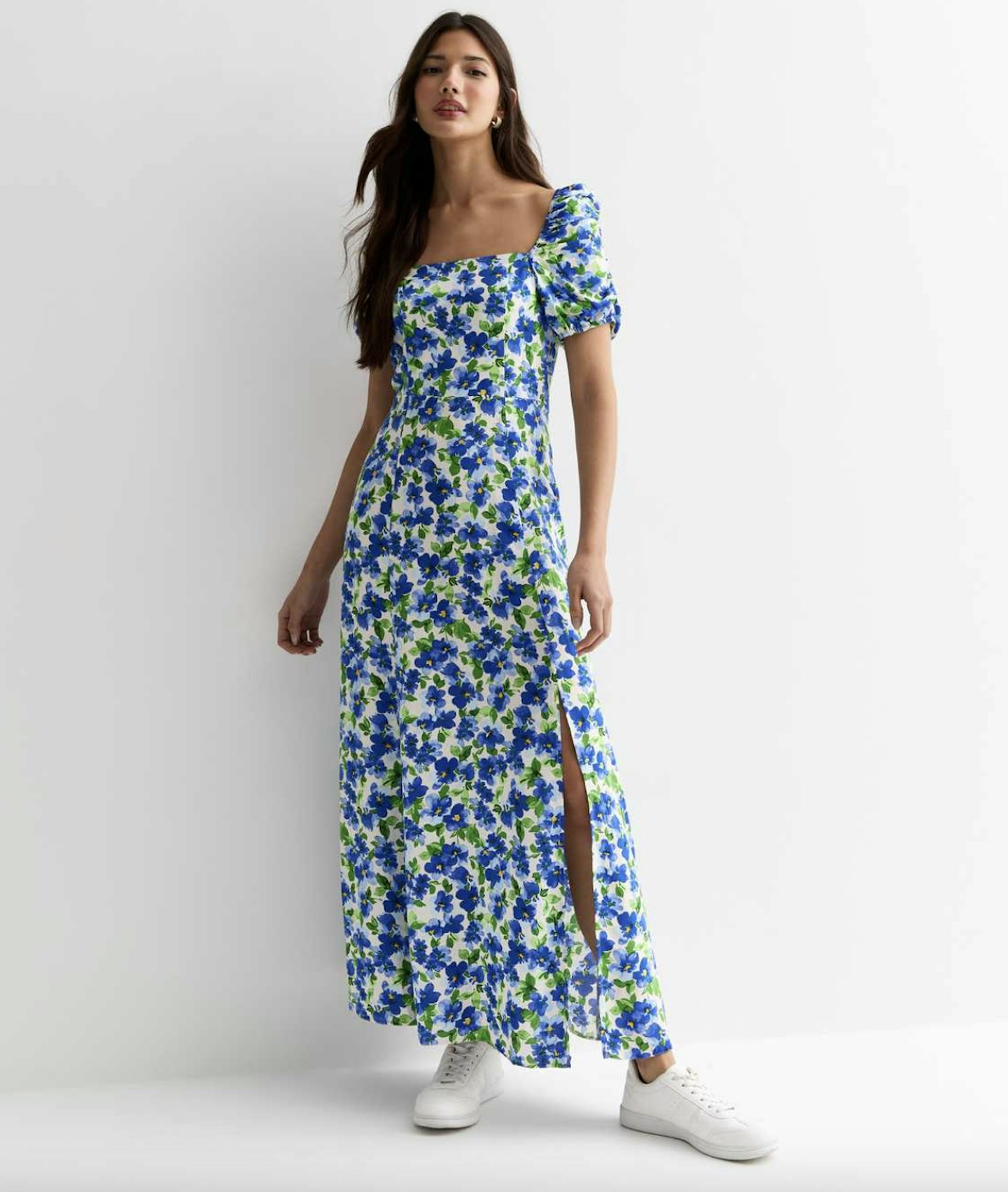 New Look Blue Floral Puff Sleeve Split Hem Maxi Dress