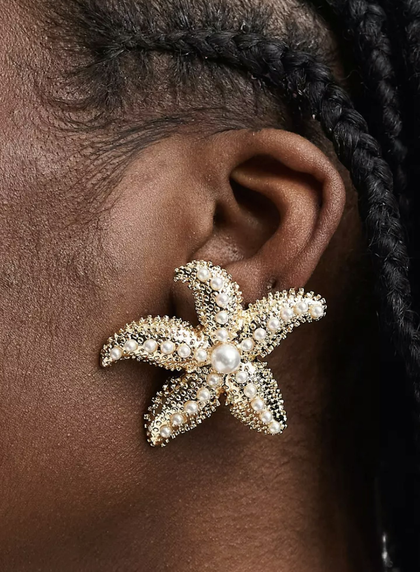 ASOS DESIGN stud earrings with starfish faux pearl design in gold tone