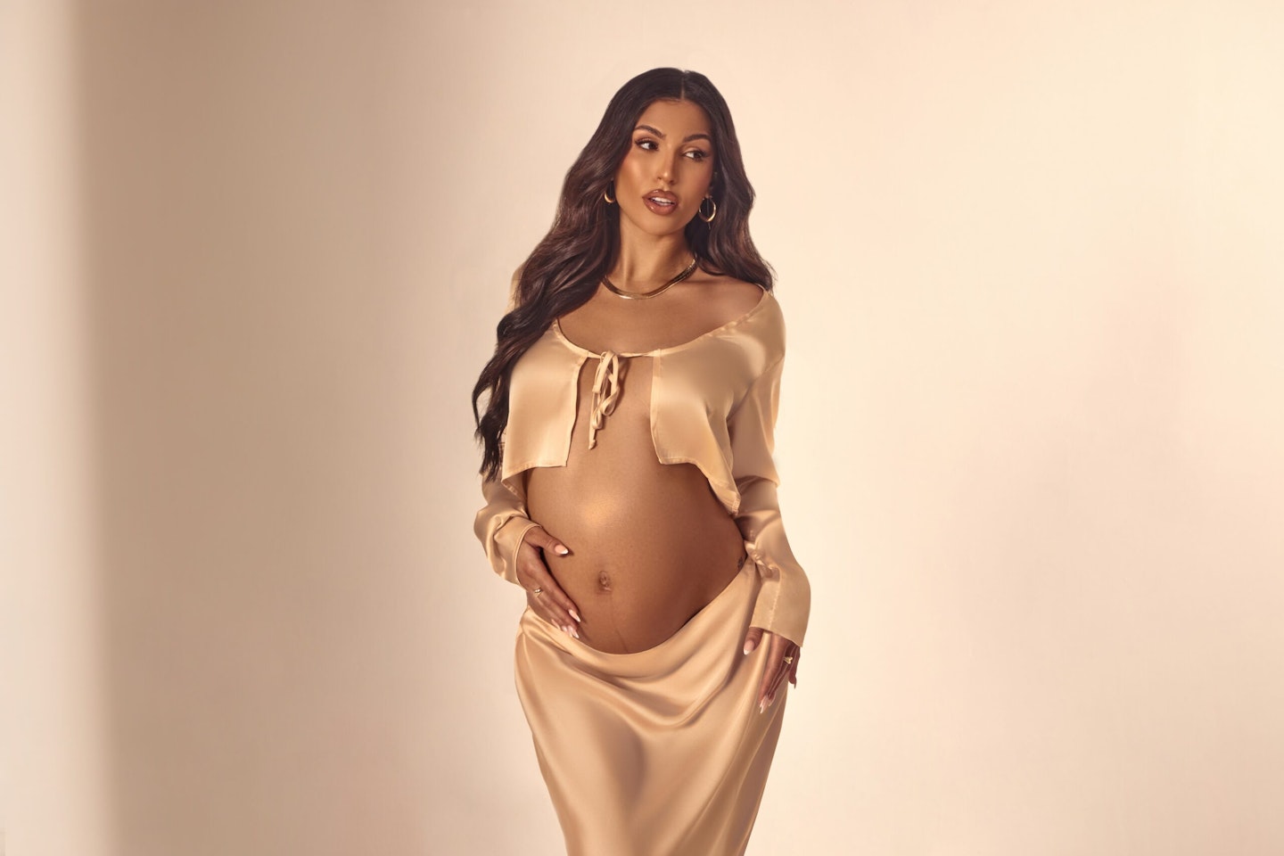 Maternity Champagne Satin Open Tie Front Top