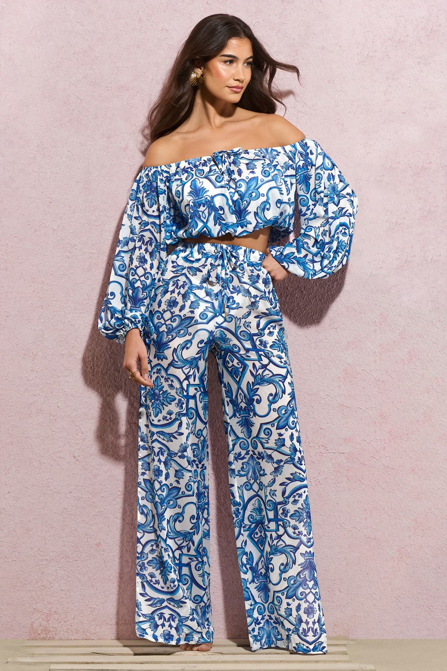 Bea Blue porcelain print chiffon split wide-leg trousers