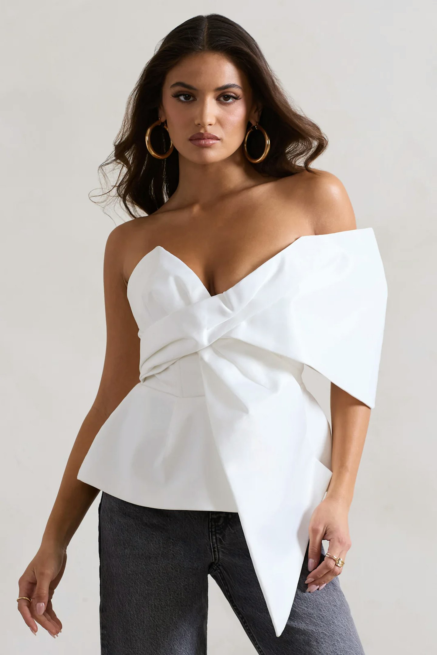 Mayfair white asymmetric bardot top with peplum hem