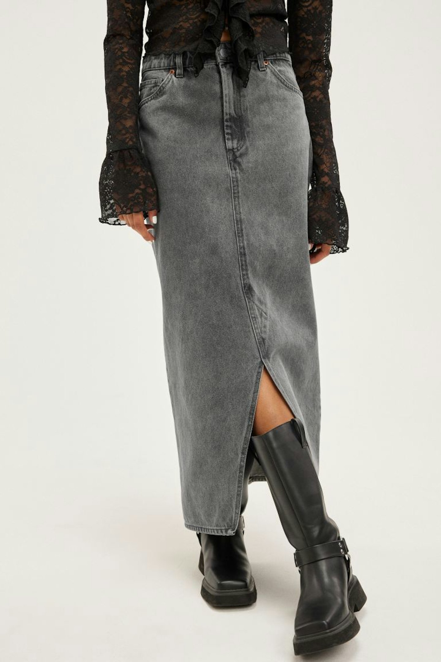 Monki Grey Midi Denim Skirt