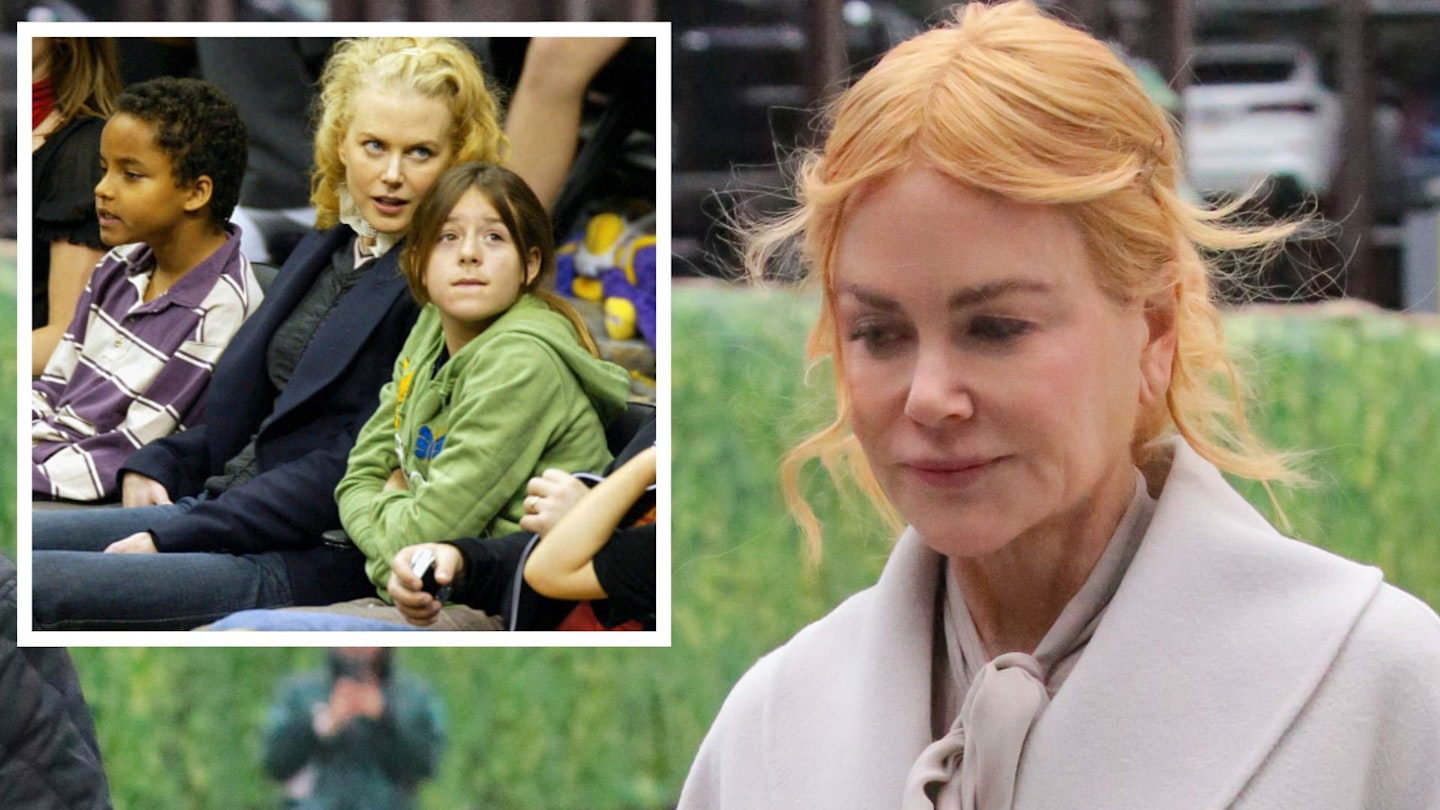 Nicole Kidman looking sad in a comped image of her and her adopted children