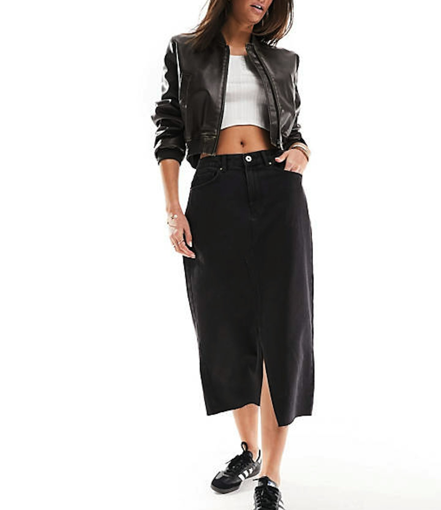 Pieces Front Split Denim Midi Skirt In Washed Black