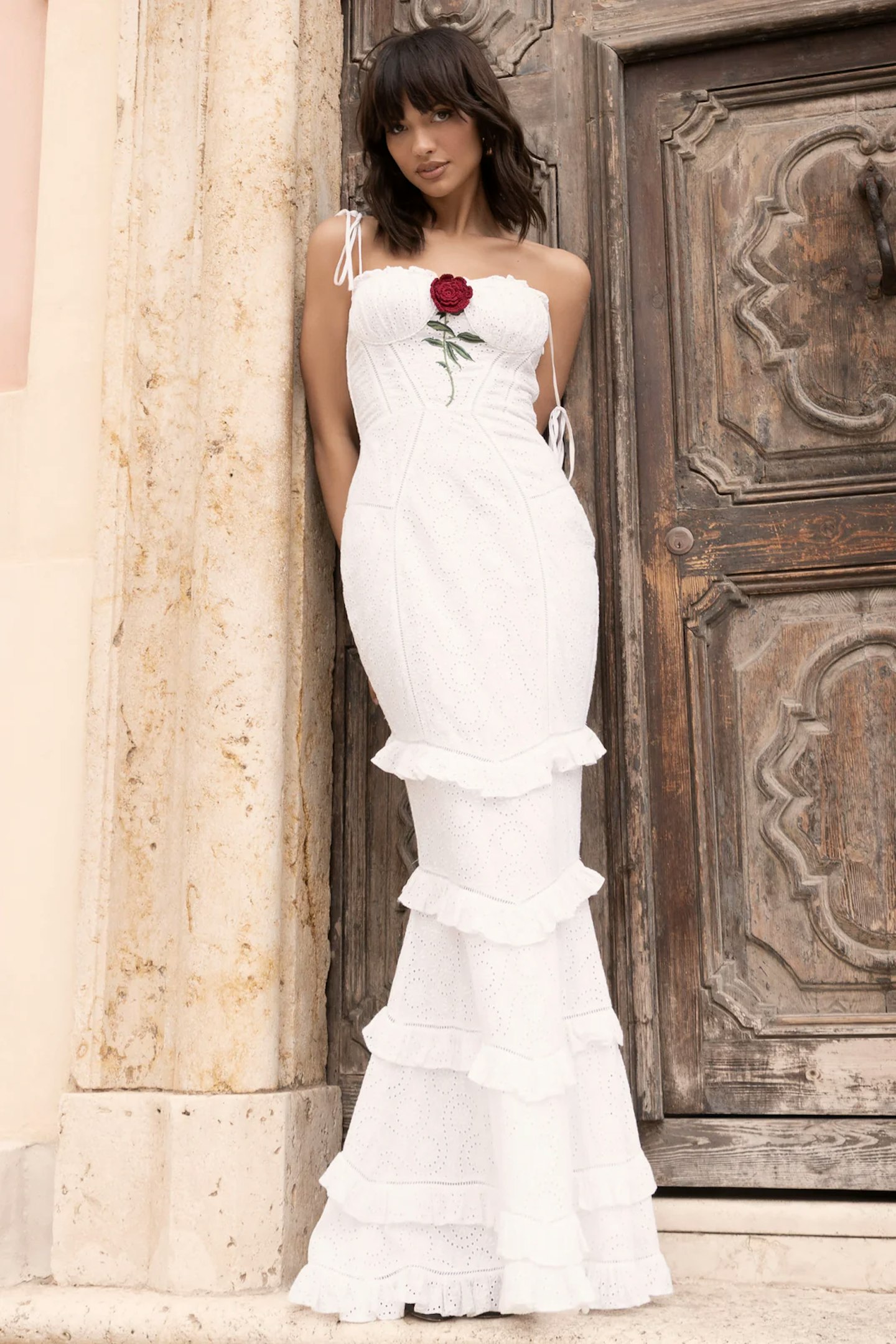 Chiara white broderie rose-embroidered ruffled maxi dress