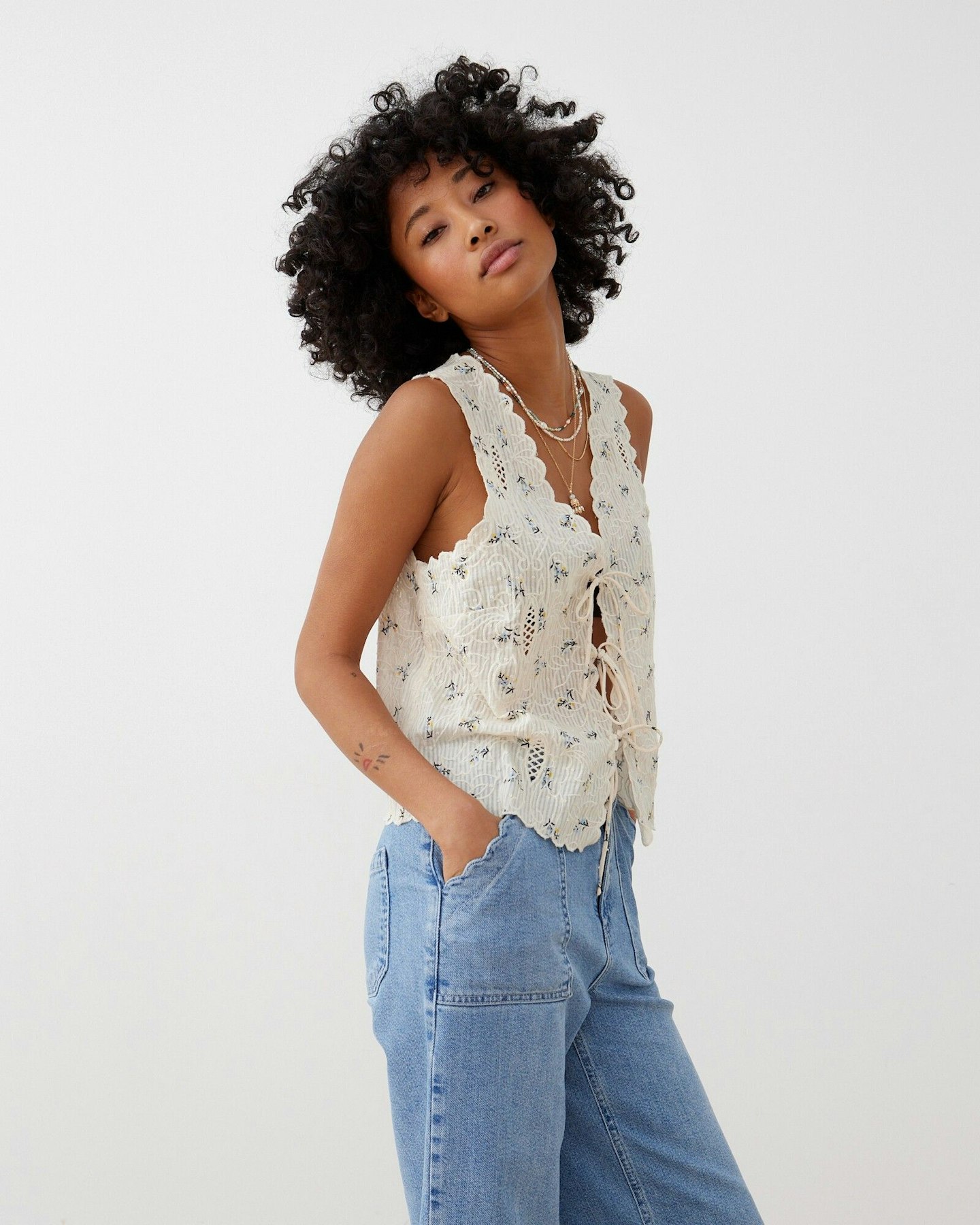 Oliver Bonas Embroidered Floral White Shell Top