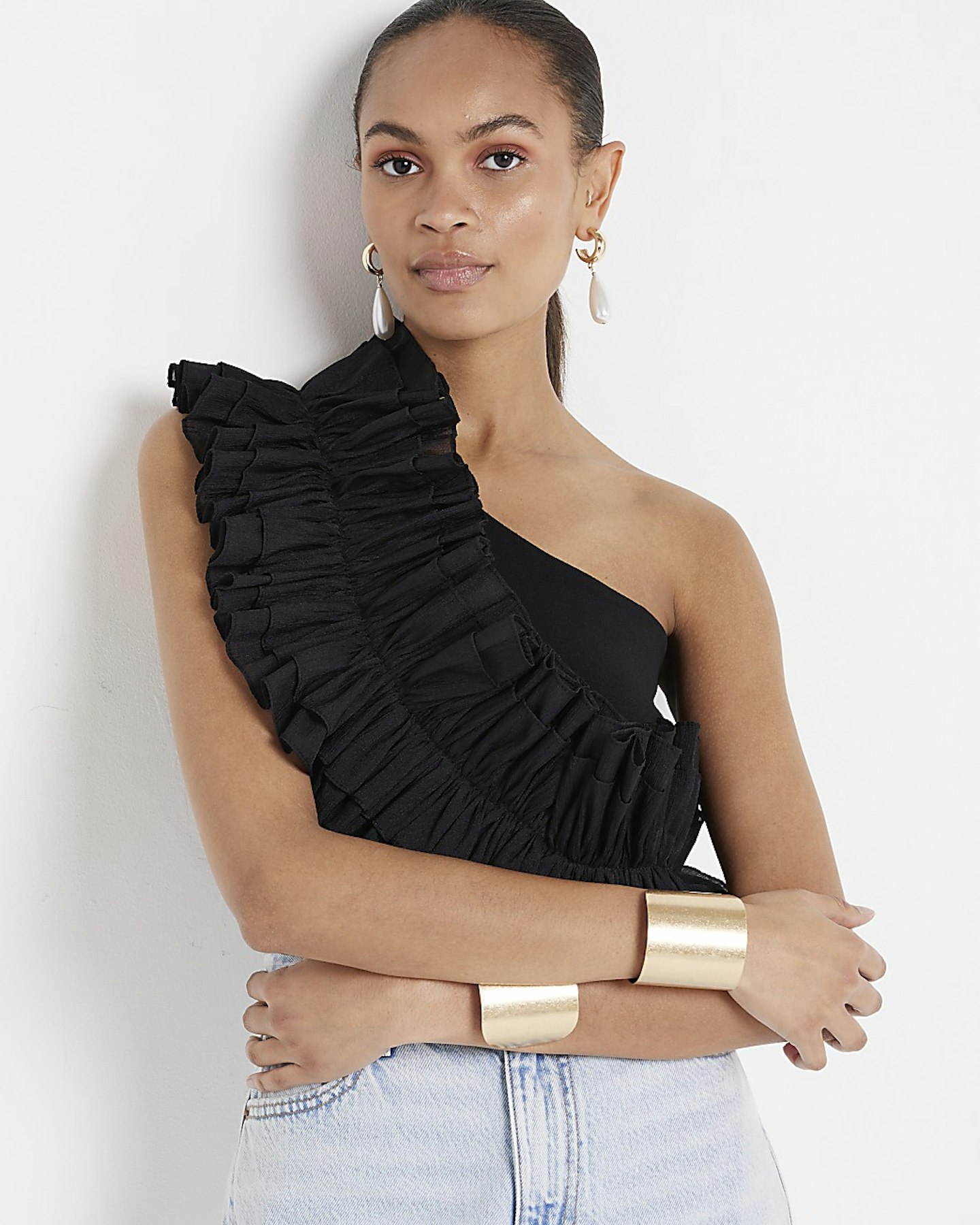 Black Asymmetric Frill Top