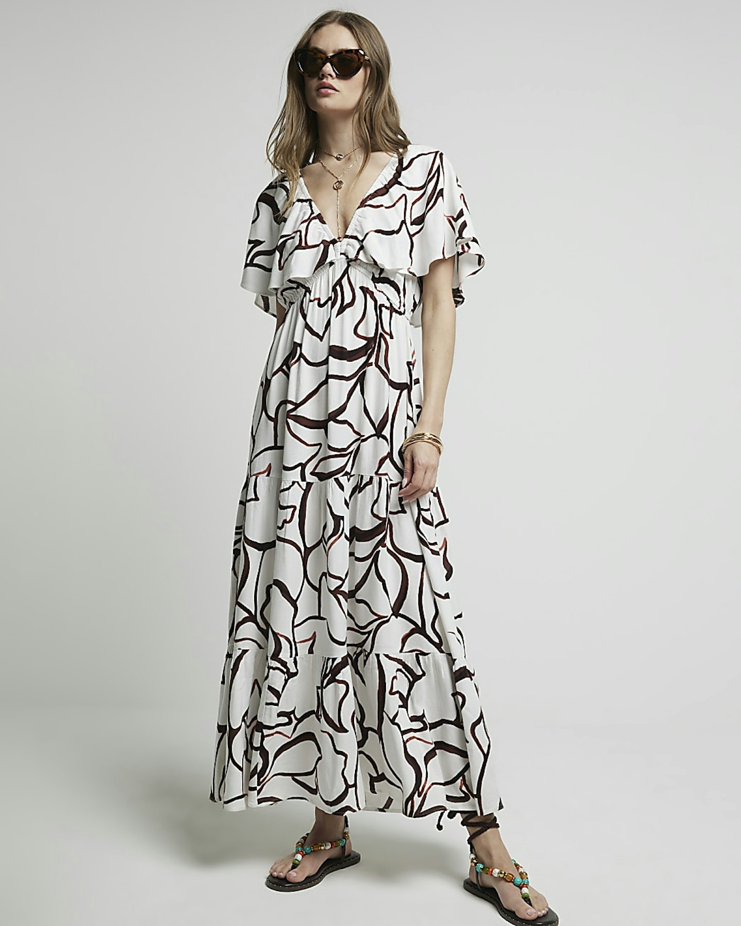 Brown Abstract Frill Sleeve Smock Maxi Dress