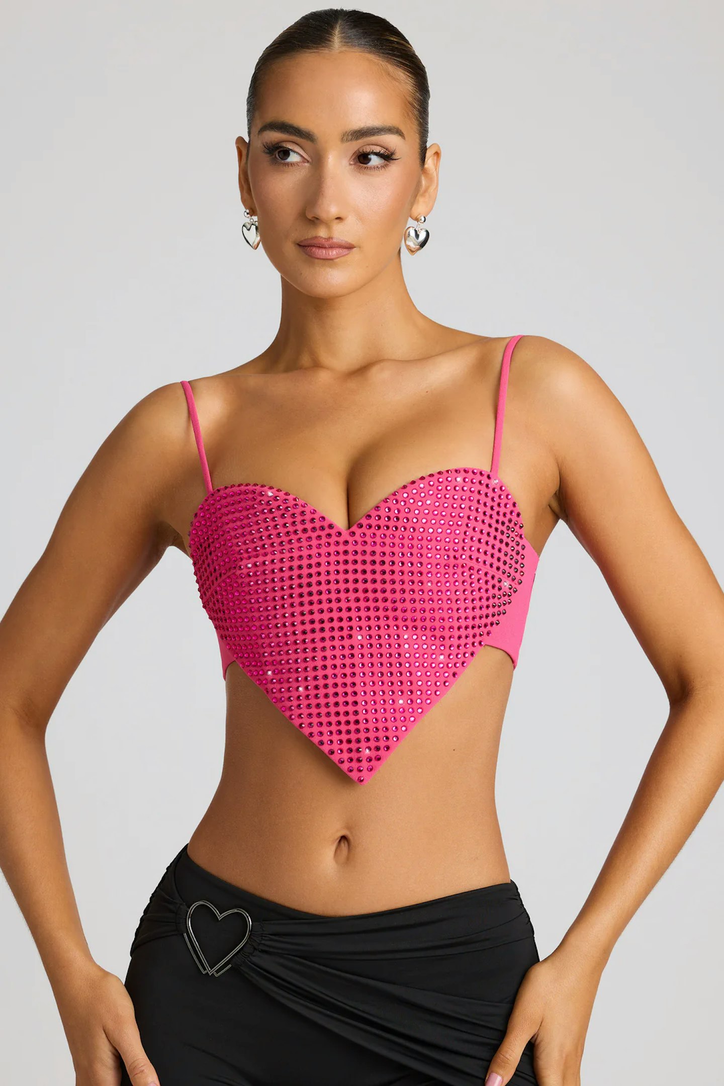 Oh Polly Syrene Embellished Heart Detail Crop Top in Magenta