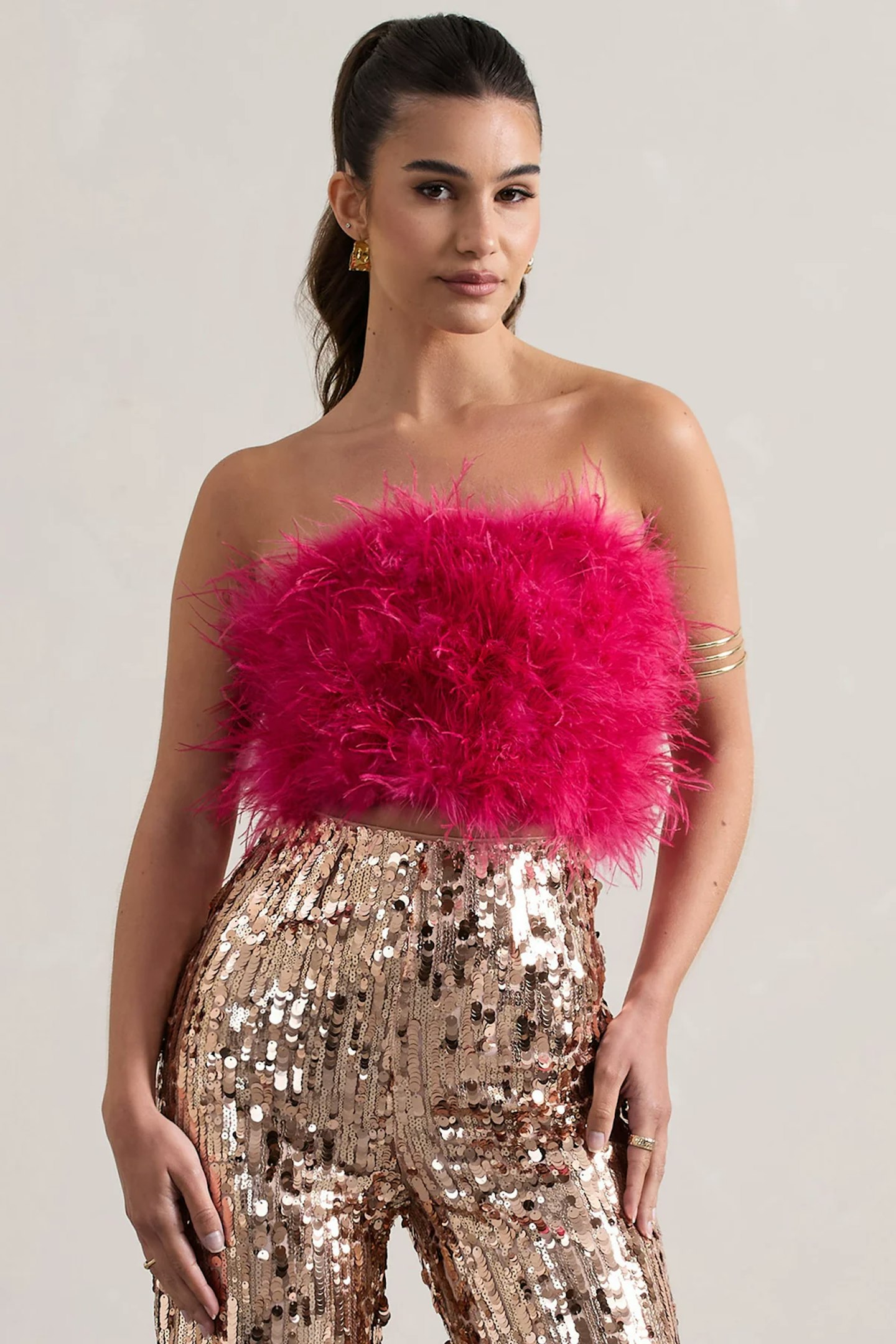 Club L Dream Daze Dark Pink Strapless Feather Crop Top