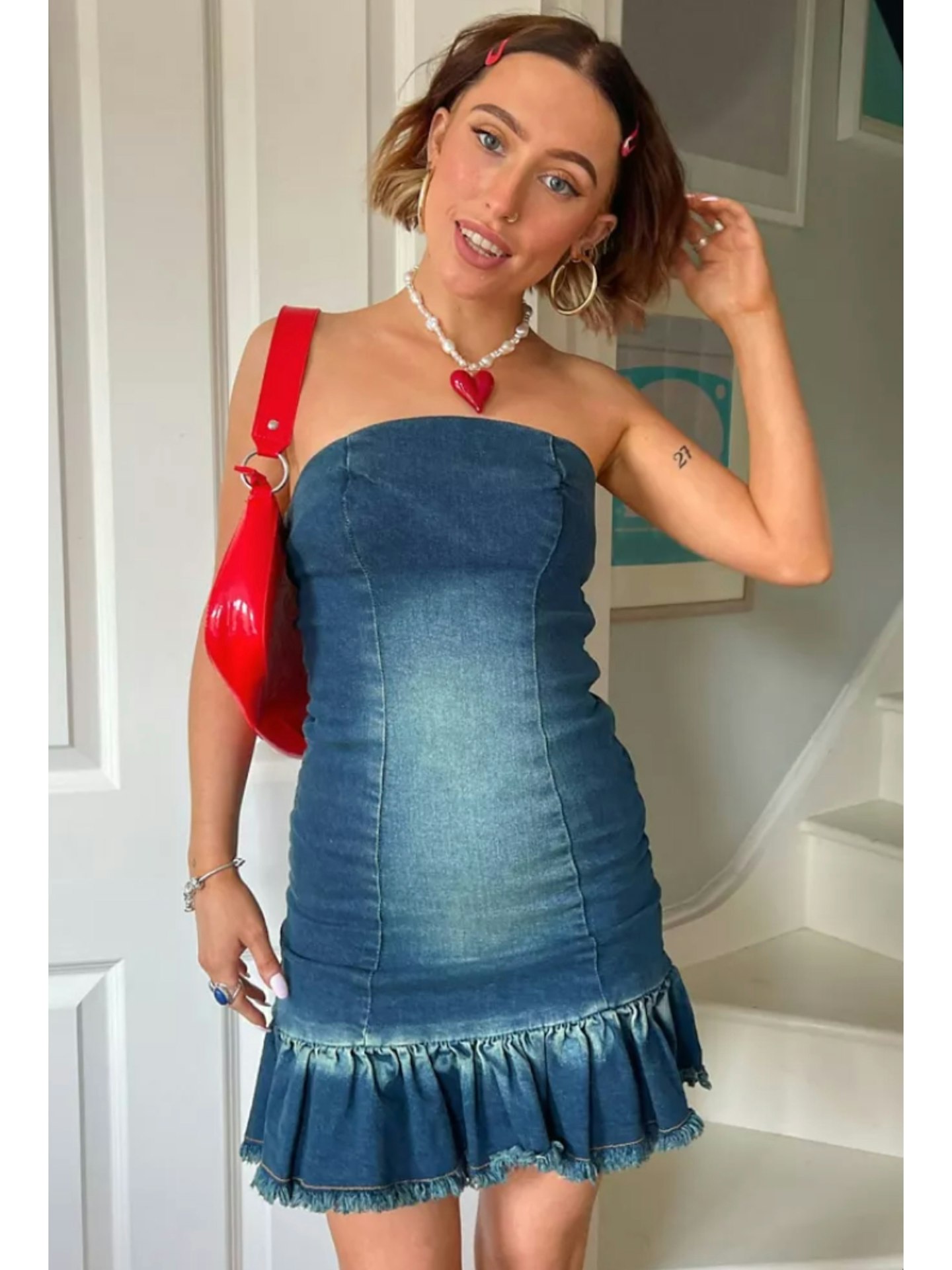 ASOS Daisy Street X Chloe Davie Y2K Strapless Mini Bodycon Dress in Denim
