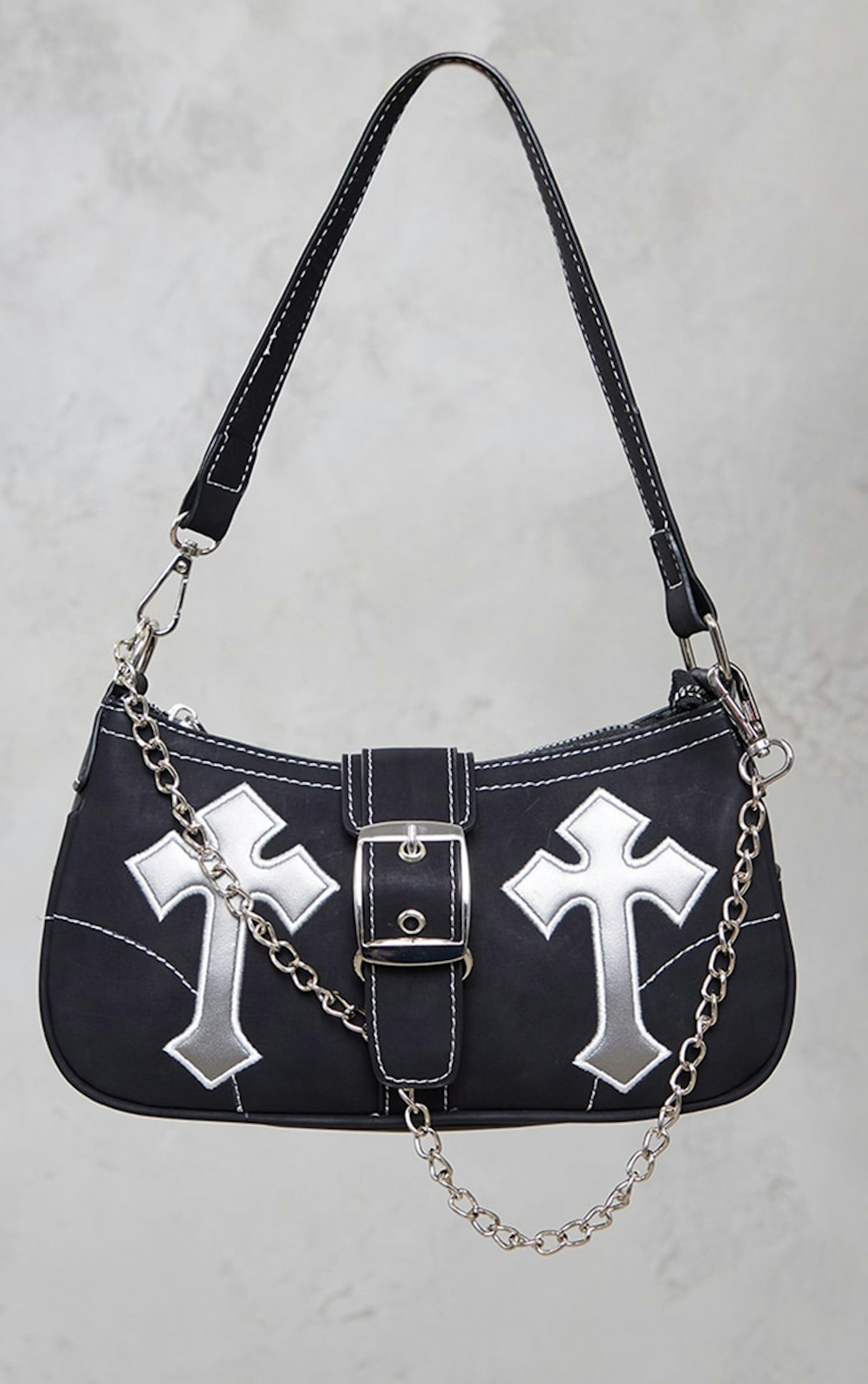 PrettyLittleThing Black Contrast Stitch Cross Applique Buckle Shoulder Bag