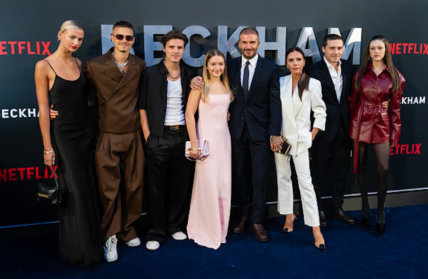 From L-R: Mia Regan, Romeo Beckham, Cruz Beckham, Harper Beckham, David Beckham, Victoria Beckham, Brooklyn Beckham and Nicola Peltz