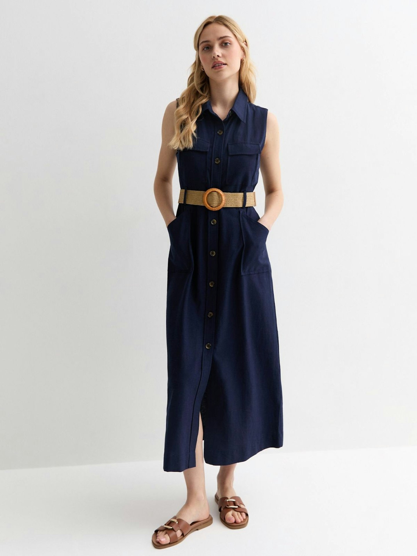 Newlook Navy Belted Utility Midi Shirt Dress