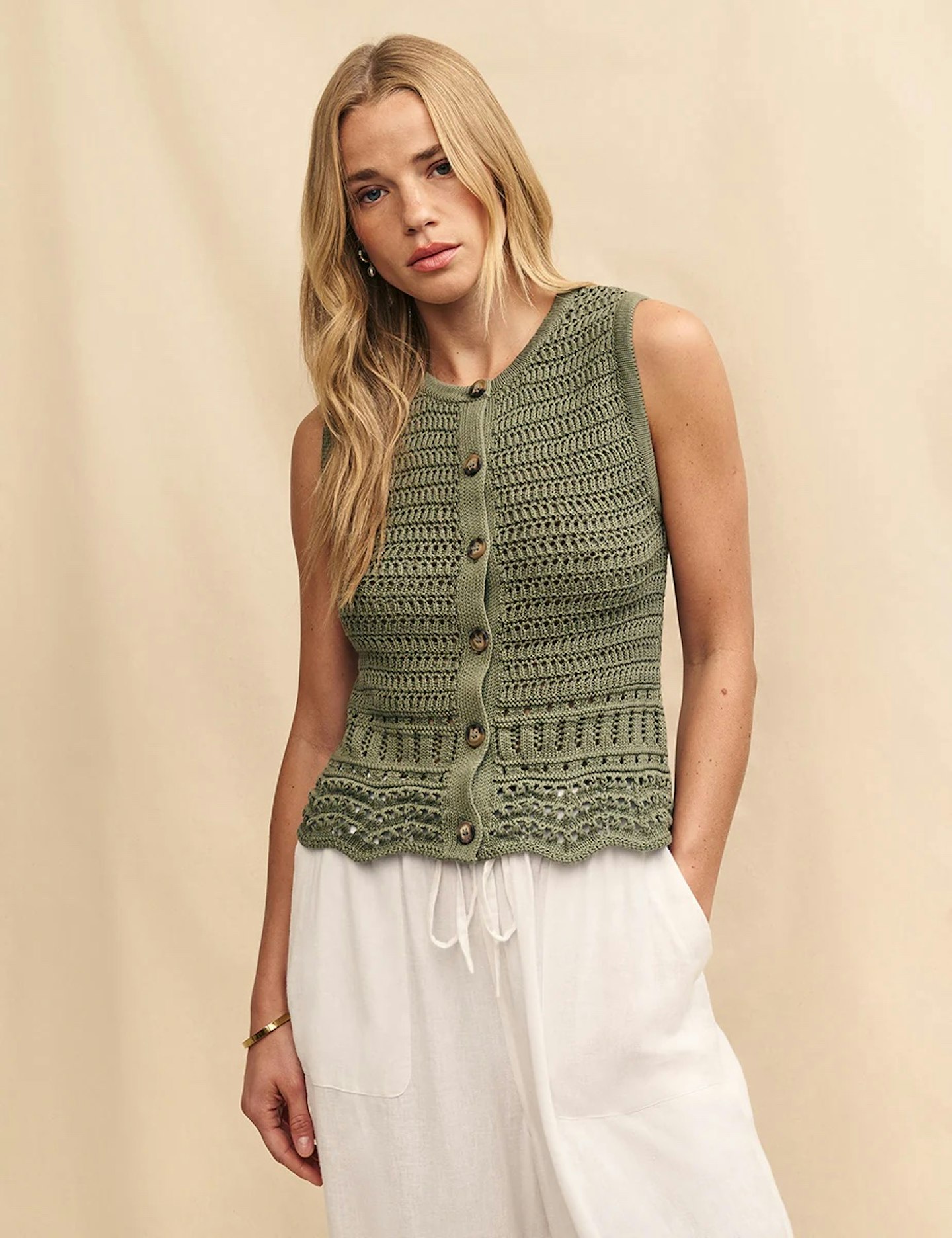 Nobody’s Child Green Mock Crochet Waistcoat