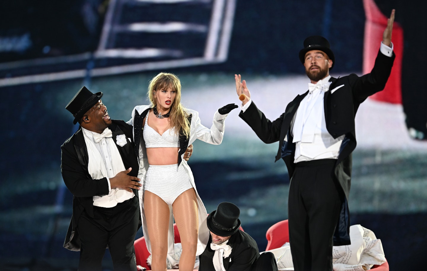 Taylor Swift and Travis Kelce on stage at the Eras tour