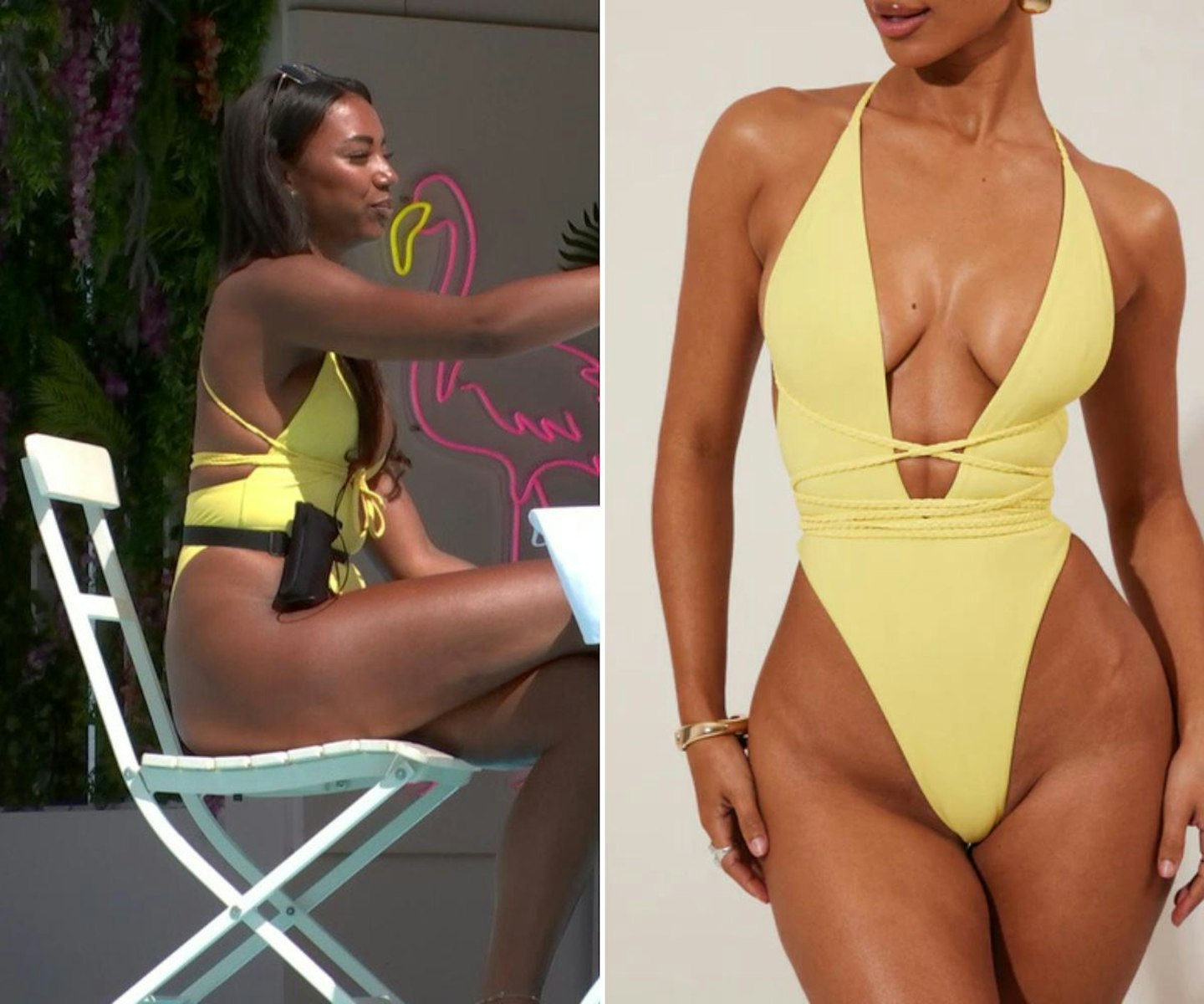 Uma's yellow wrap swimsuit